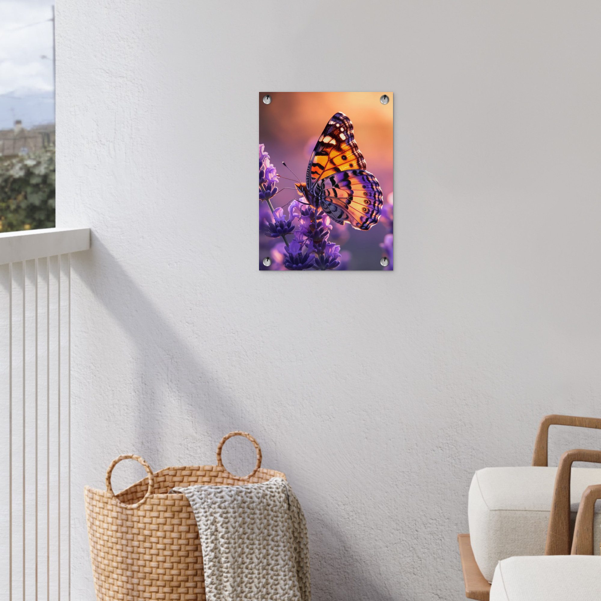 OnlyWow Poster für Garten Blumen - Schmetterling - Lavendel - Blume - Natur, Gartenposter, Outdoor Bilder, Gartendeko für draußen, 30x40 cm