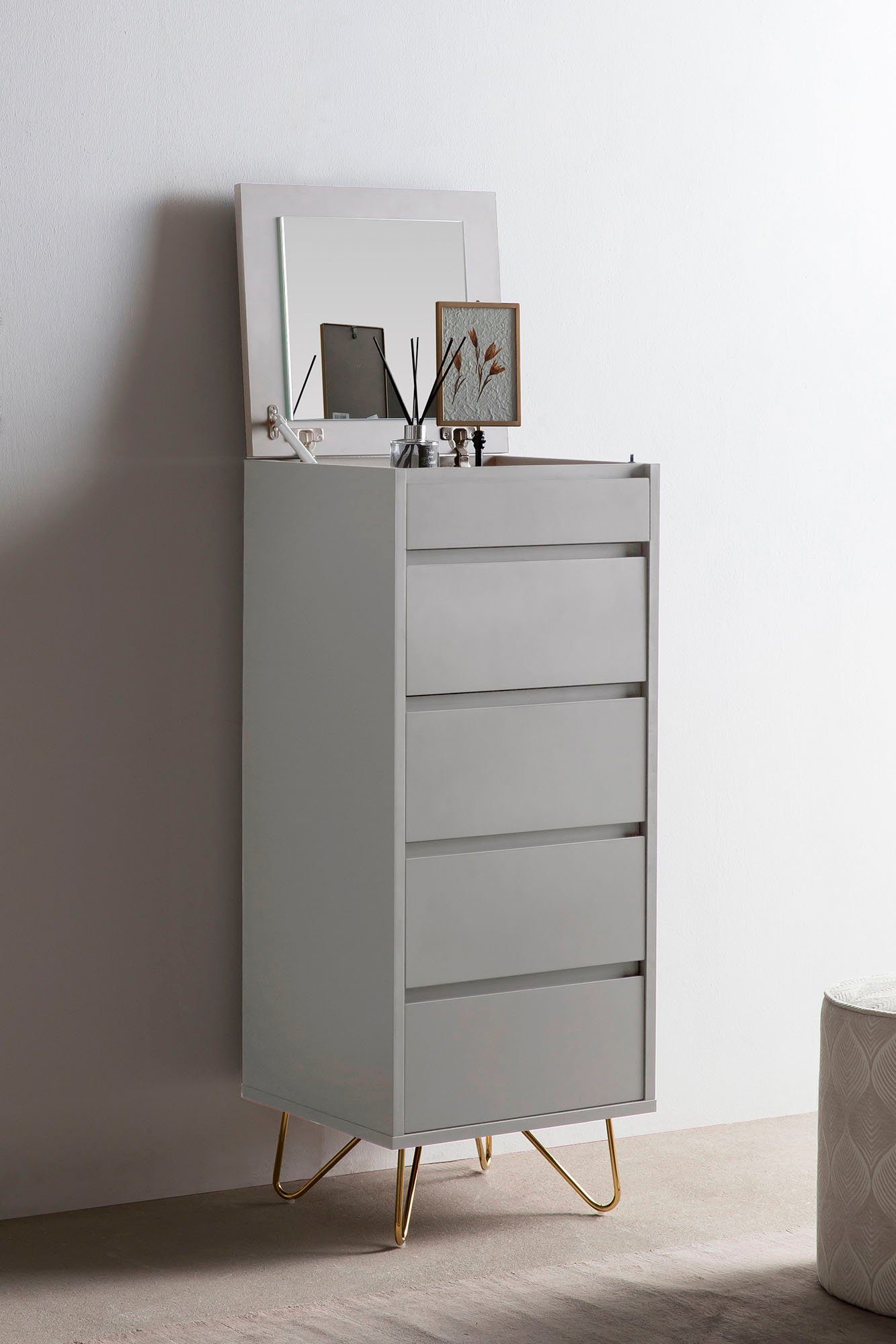 SalesFever Hochkommode Bolton - Elegante Schubkastenkommode, Spiegel im Klappdeckel, Kommode mit Schmuckfach, Schubladenschrank