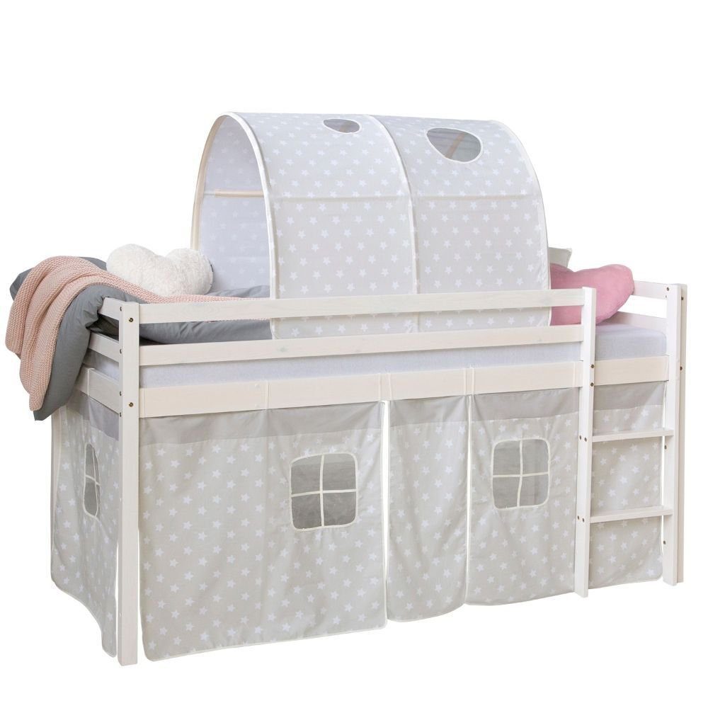 Homestyle4u Hochbett Spielbett Kinderbett Rutsche Turm Vorhang 90cm