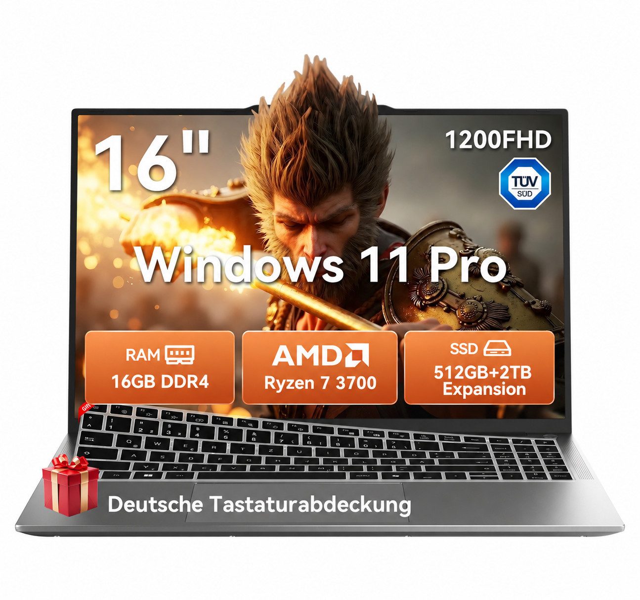 blackview 2026 16‘’ Laptop AMD Ryzen 7 16GB RAM 512GB SSD FHD IPS Windows 11 Pro Notebook (Radeon Vega 10-Grafikkart AMD Ryzen 7 AMD Ryzen 7 3700U, AMD Ryzen 7 3700U, 16 GB, 512 GB SSD, TÜV-Augenschutz. Ultraleicht (1,65 kg / 17,4 mm). 4C/8T)