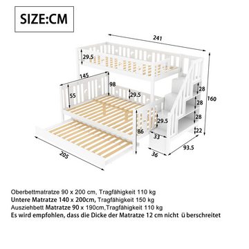 Ulife Etagenbett Massivholz Kinderbett 90x200/140x200cm mit Sicherheitstreppe, Ausziehbett 90x190cm