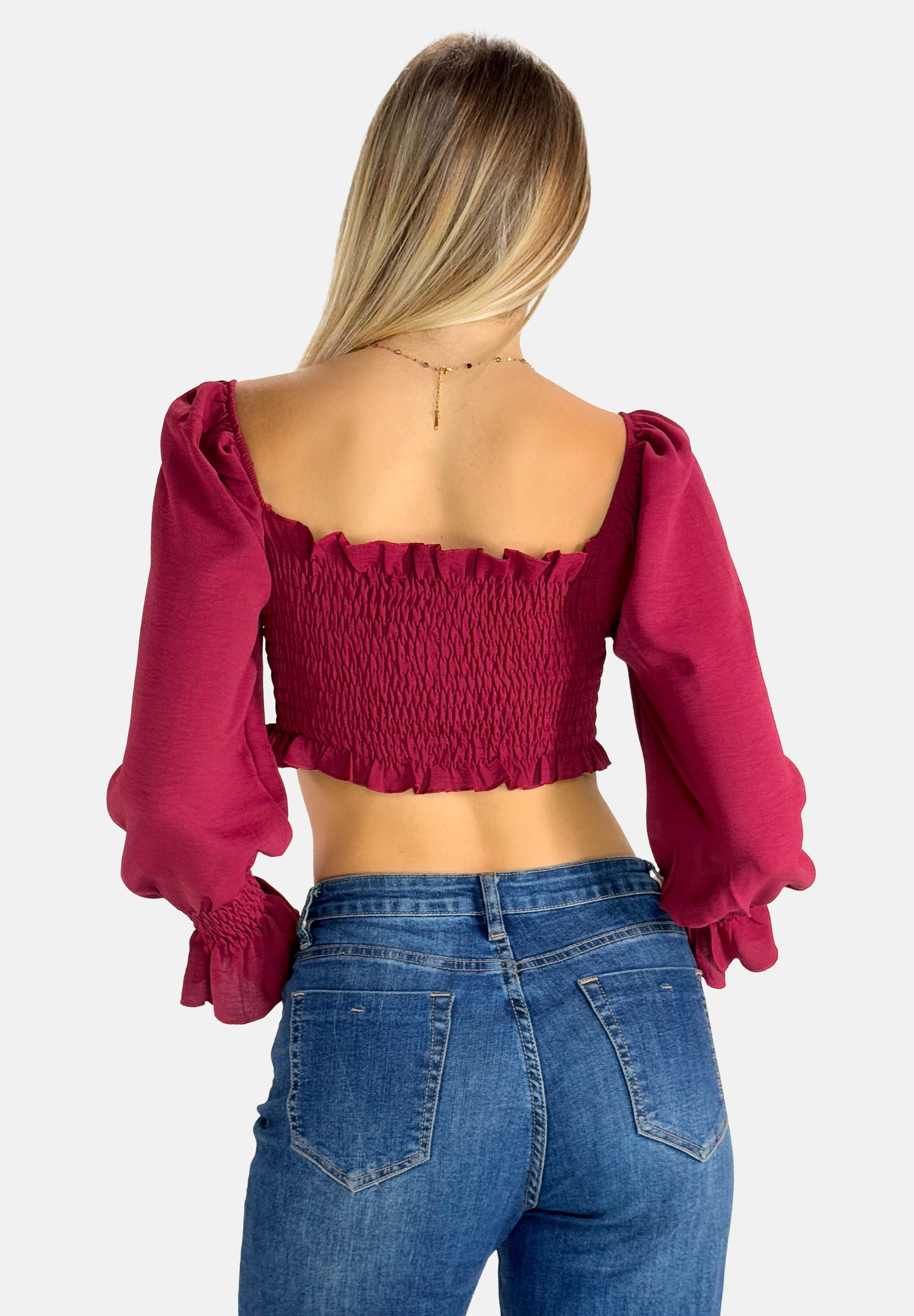 Elara Blusentop – Damen Crop Top mit Carmen-Ausschnitt, Puffärmeln und Raffung