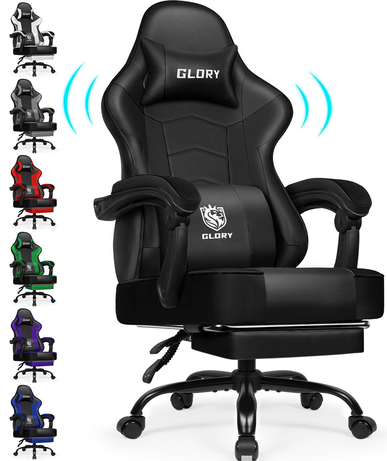 Hiazurm Gaming-Stuhl Gaming Stuhl, Bürostuhl Ergonomisch Wippfunktion bis zu 170° (Gaming Chair mit Fußstütze, 10 cm Höhenverstellung), Verstellbarem Lenden- & Kopfkissen, Gamer Stuhl 150kg Belastbarkeit