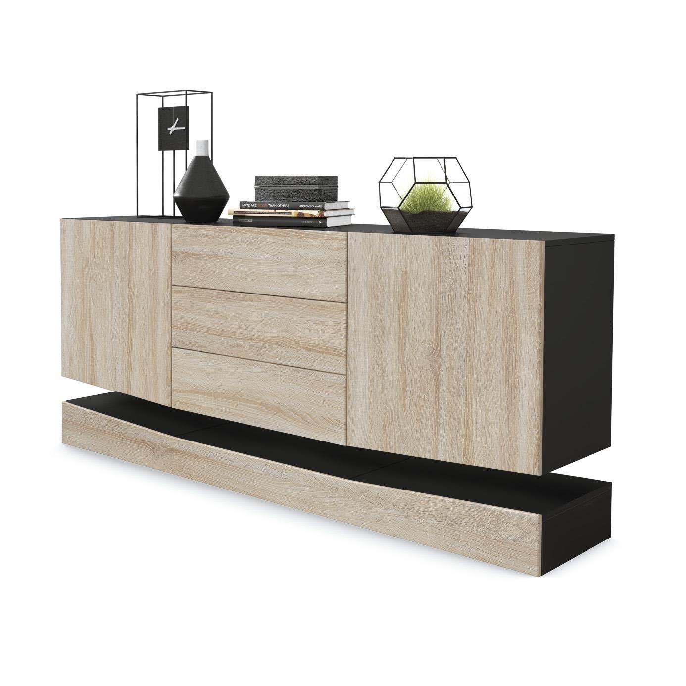 Vladon Sideboard City (Kommode, mit 2 Türen und 3 Schubladen), Schwarz matt/Eiche sägerau (178 x 72 x 38 cm)