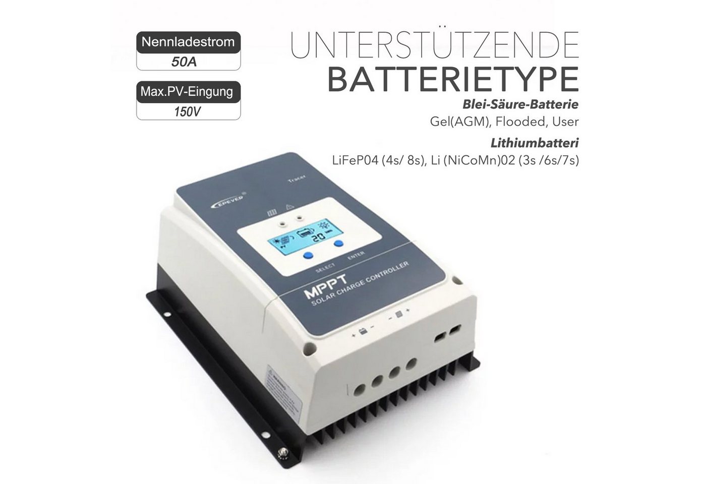 Thumbnail - enjoy solar Solarladeregler EPEVER MPPT Trace 5415AN/5420AN/6415AN/8415AN, 50A-80A, 12/24/36/48VDC, multifunktionale LCD...