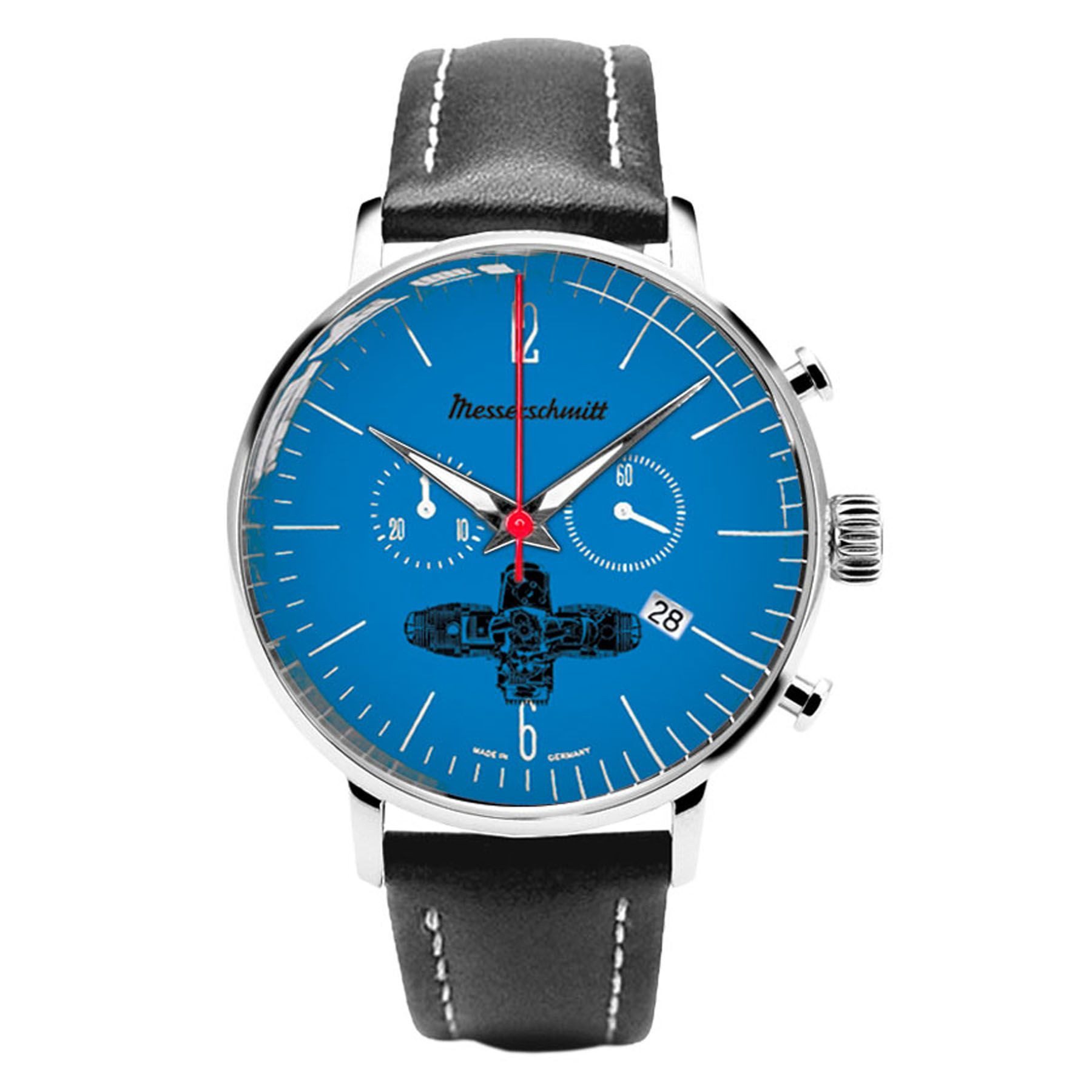 Messerschmitt Chronograph ME-Boxer17, Chronograph für Herren - elegantes, blaues Design, mit Datumsfunktion - hochwertiges Lederarmband - Made in Germany
