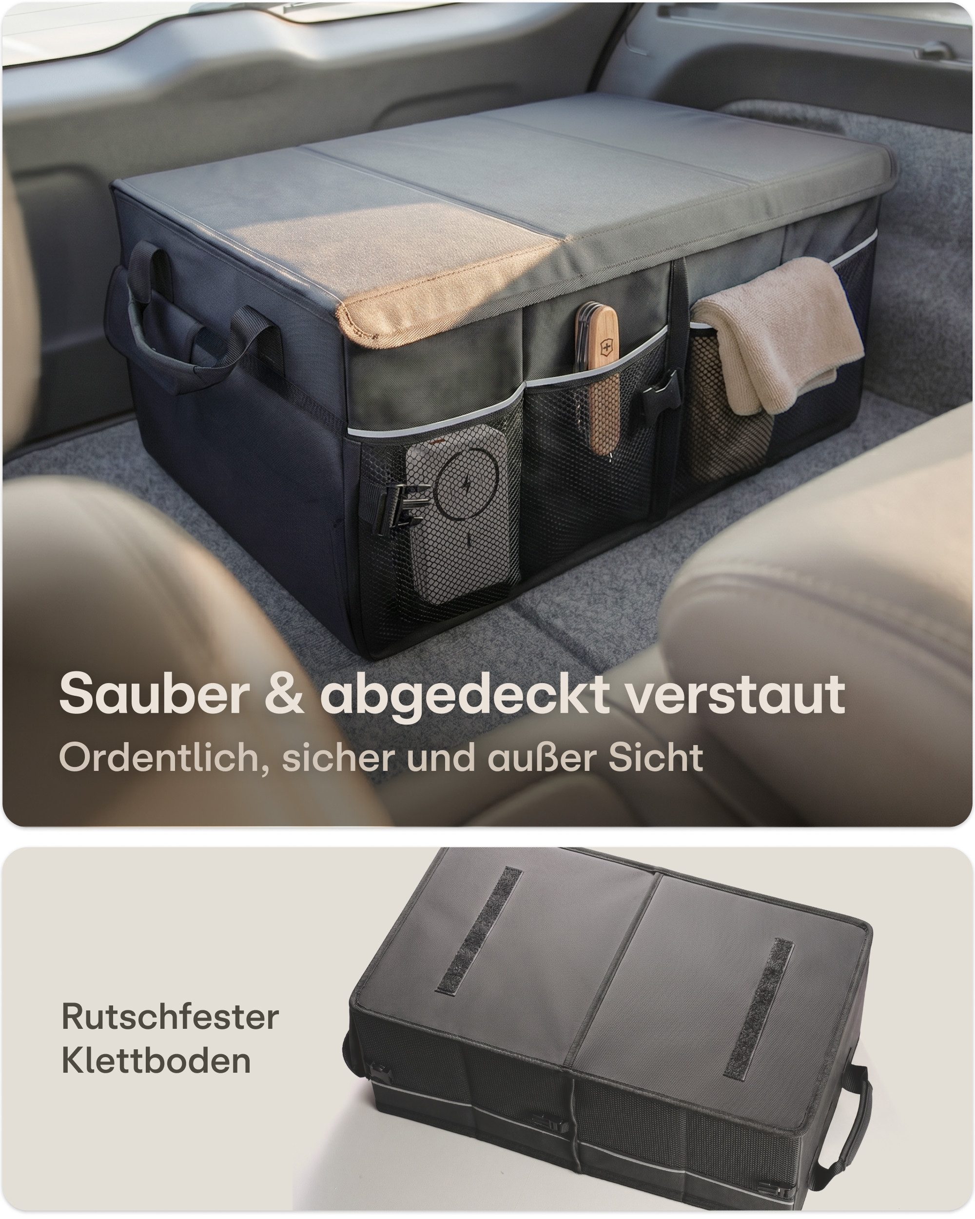 Praknu Kofferraummatte Auto Kofferraum Organizer Faltbar mit Deckel – 3 Fächer mit 11 Taschen (1 St), Mit Deckel, Faltbar, 3 Fächer, Rutschfester Boden, Reflektionsstreifen