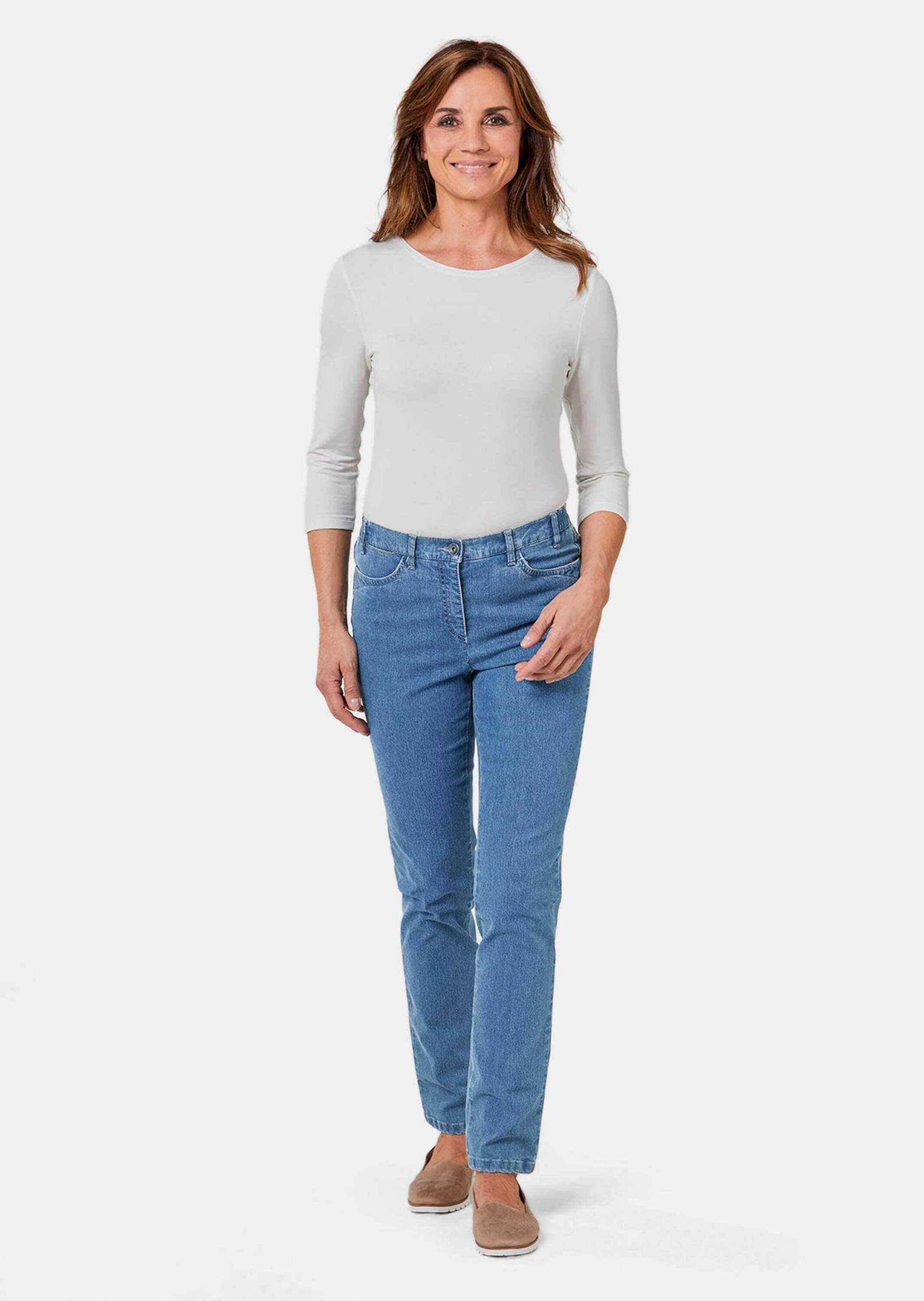 GOLDNER Bequeme Jeans Kurzgröße: Denimhose mit Stretchkomfort Baumwollhose im 5-Pocket-Stil mit elastischem Bund und Knöchellänge