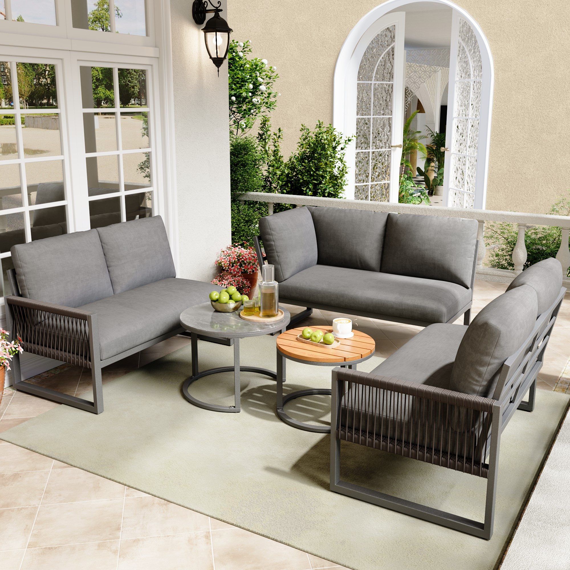 Flieks Gartenlounge-Set, 6-Sitzer Gartenmöbel Ecksofa aus Seil, 2-Sitzer-Sofa*3 + Couchtisch*2