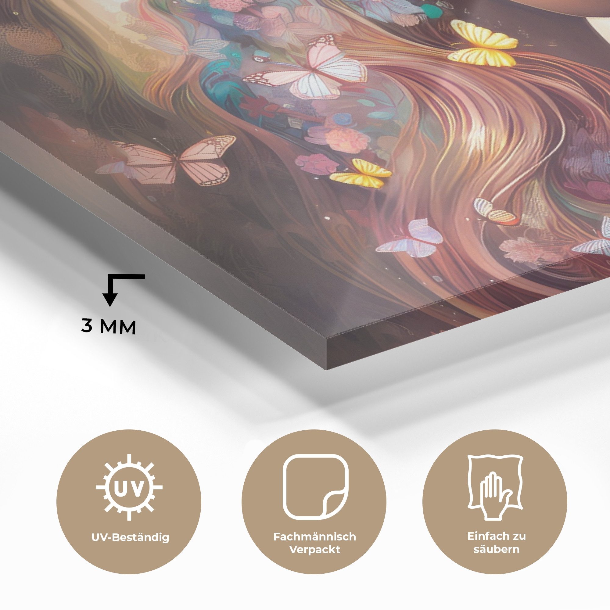 MuchoWow Acrylglasbild Pferd - Natur - Blumen - Schmetterlinge - Wald, Inkl. Aufhängung, Glasbilder Wohnzimmer, Schlafzimmer, Flur & Esszimmer, 30x20 cm