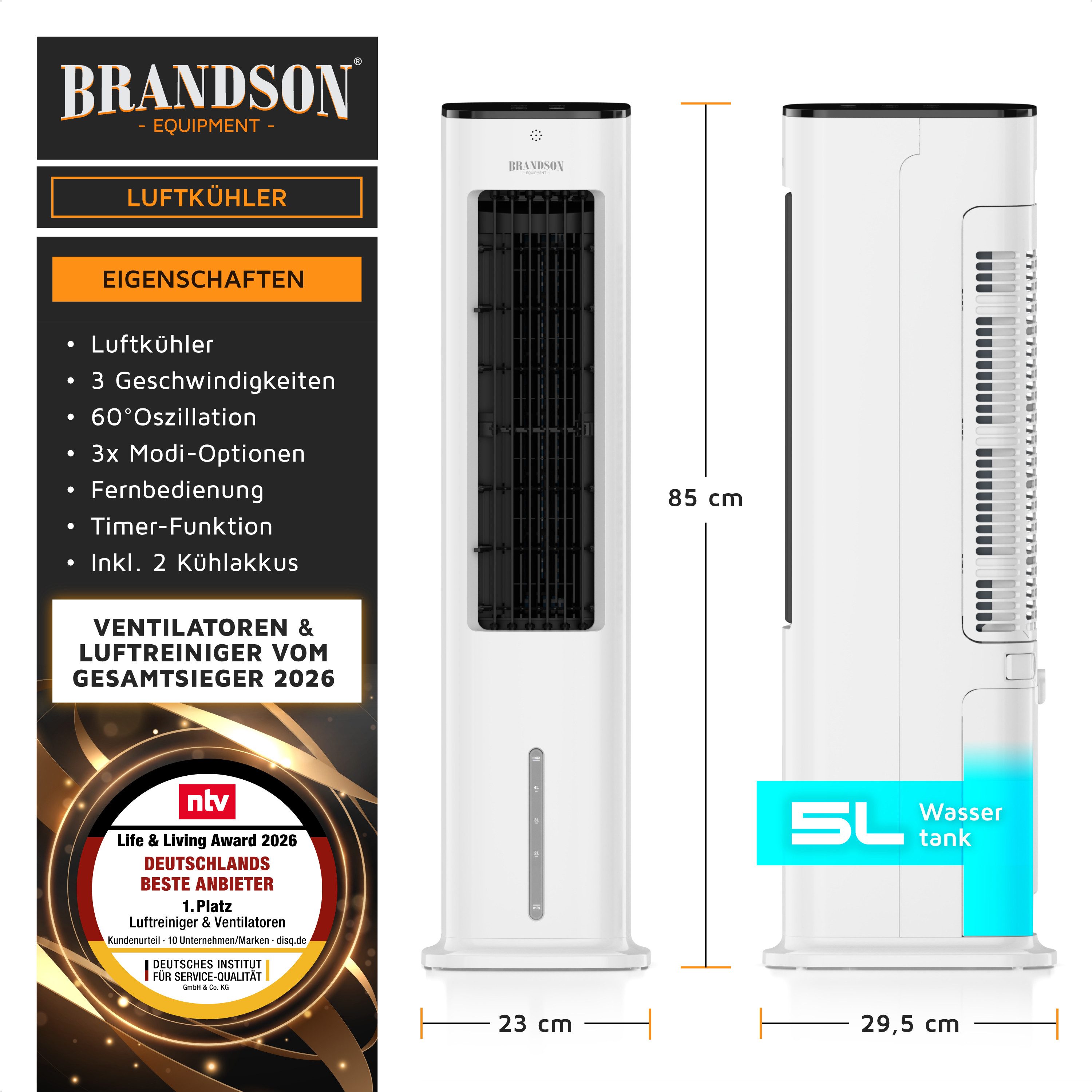 Brandson Ventilatorkombigerät Mobiler Luftkühler, 5L Wassertank, Luftbefeuchter, Verdunstungskühler, NTV Sieger 2026, Turmventilator, 3 Modi, Autostopp, Timer, Lüfter
