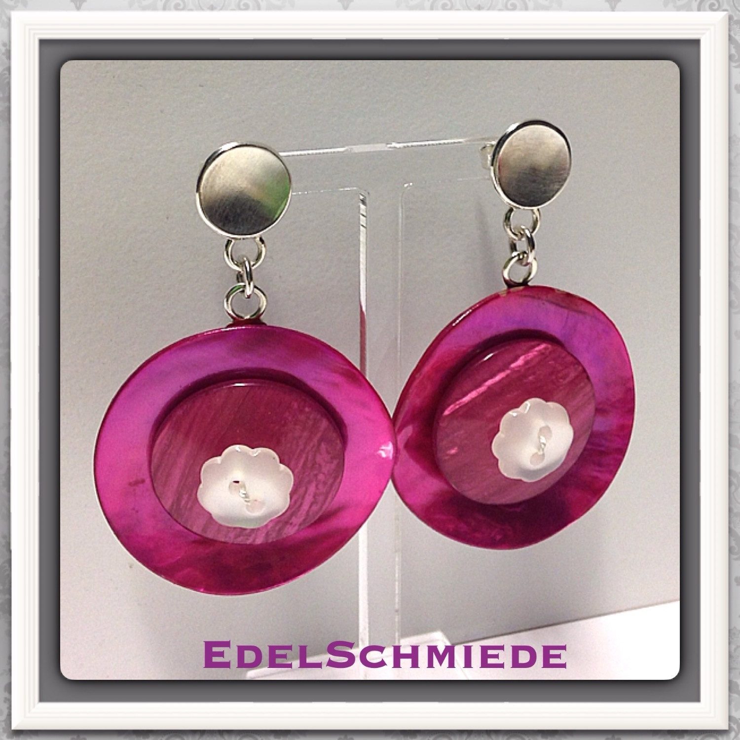 Paar Ohrhänger Edelschmiede925 Ohrringe aus 925/- Silber mit pink Perlmuttknopf