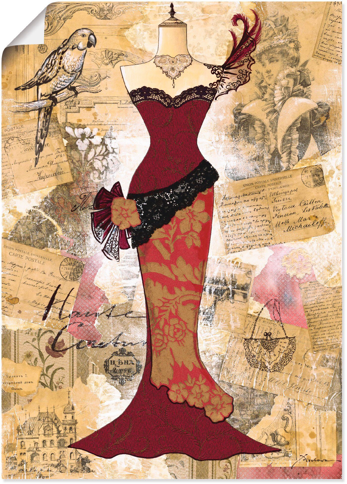 Poster Artland - Mode Leinwandbild, (1 versch. Antikes St), oder Wandbild Kleid Collage, als Größen Alubild, Wandaufkleber in