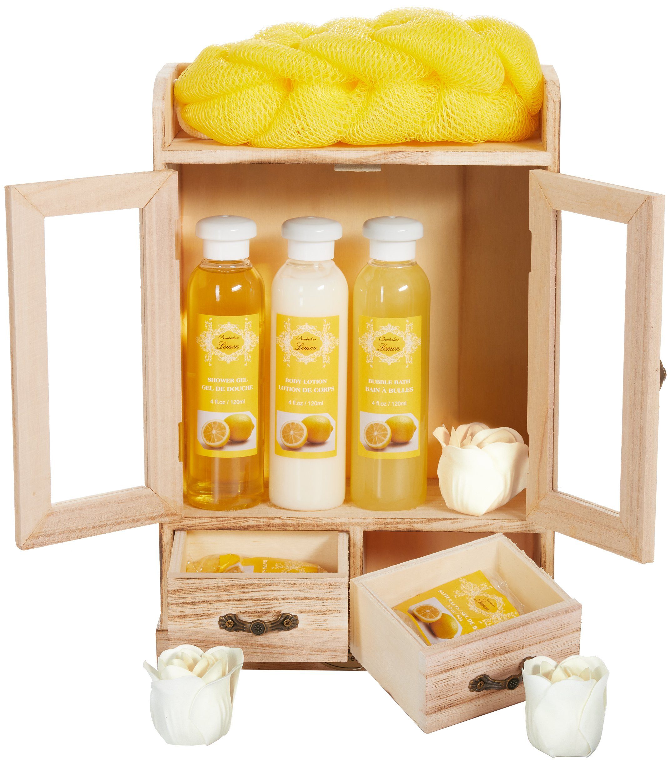 BRUBAKER Hautreinigungs-Set Bade- und Dusch Set - Pflegeset mit Lemon Duft, 10-tlg., Damen Geschenkset im Vintage-Schränkchen, Badeset