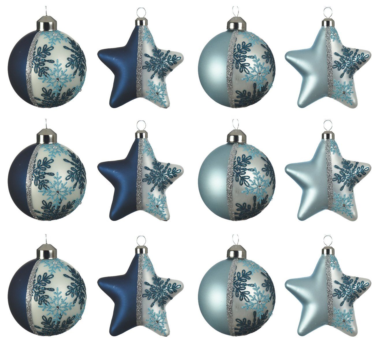 Glas blau decorations Set mix Decoris 8cm season mit Schneeflocken Weihnachtsbaumkugel, Motiv Weihnachtskugeln 12er