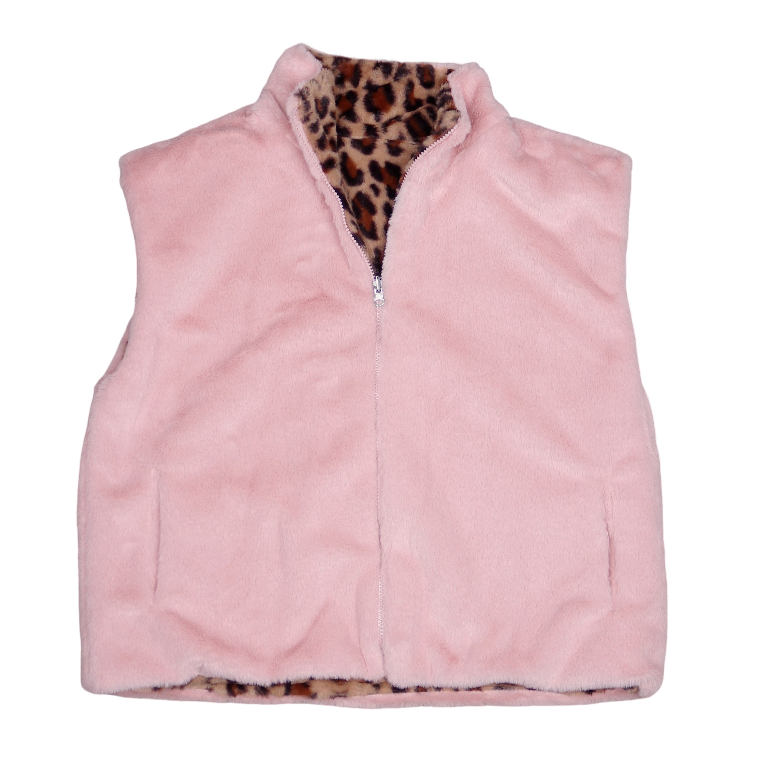 MIRROSI Plüschweste Damen Wendeweste Plüsch – Teddy Weste mit Leo Muster (One Size – passend ca. für Größe 38, 40,42 und 44) beidseitig tragbar – Reißverschluss & 4 Taschen