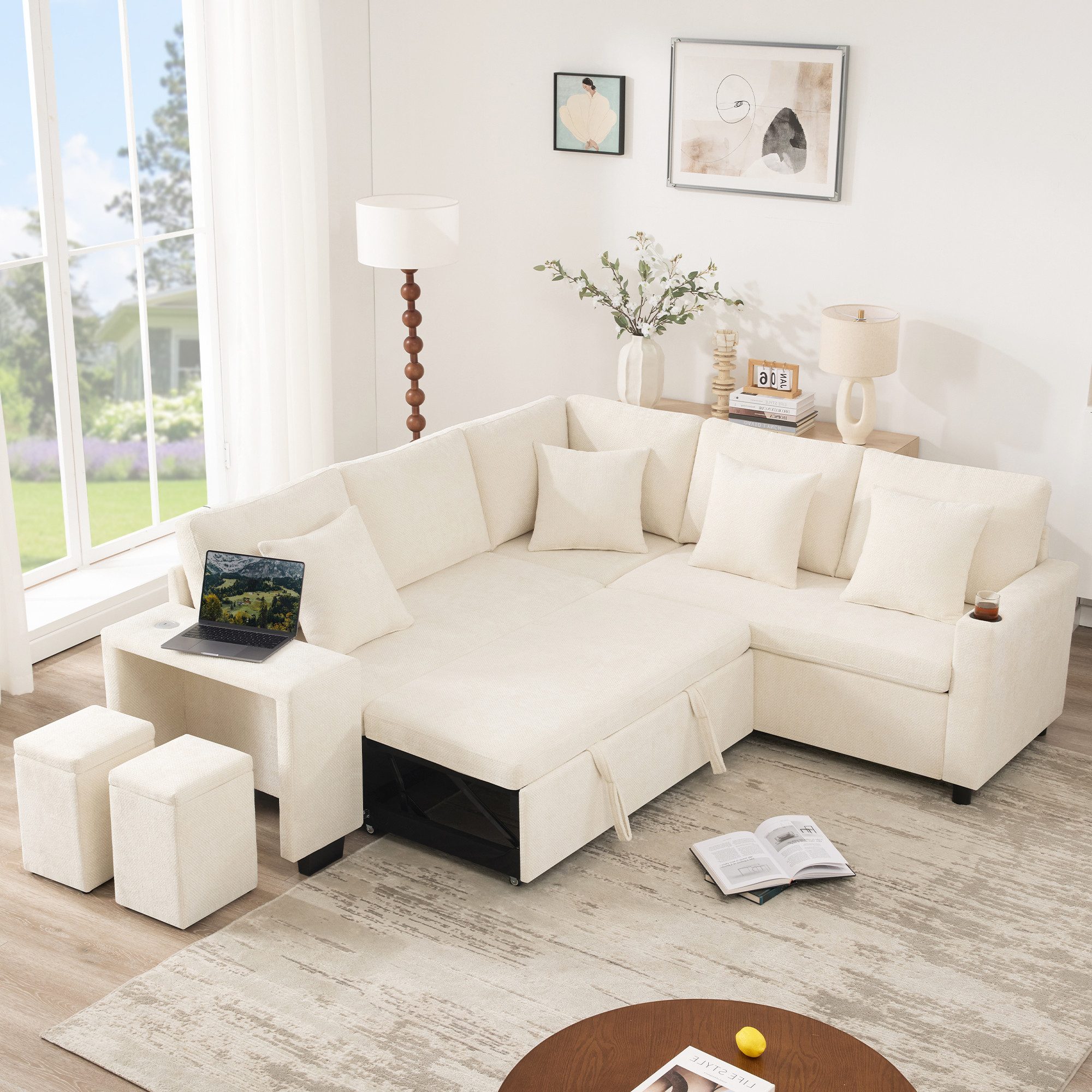 Merax Ecksofa L-förmiges Sofa, Umwandelbares Schlasofa mit Schlaffunktion & Stauraum, Ideal für Wohnzimmer und Heimkino 1 Teile, Modular Sofa mit Getränkehalter,2 Hockern,Kissen,USB,USB-C Anschlüsse