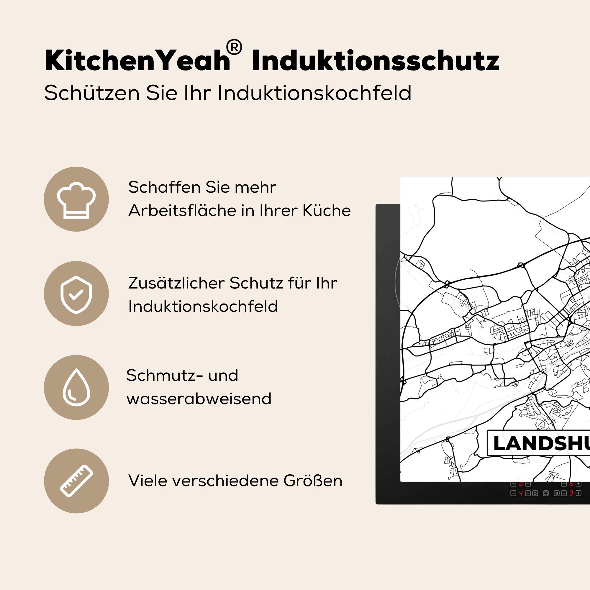 - (1 Arbeitsplatte MuchoWow - Landshut Karte, Vinyl, 78x78 für Stadtplan Ceranfeldabdeckung, Herdblende-/Abdeckplatte cm, küche tlg),