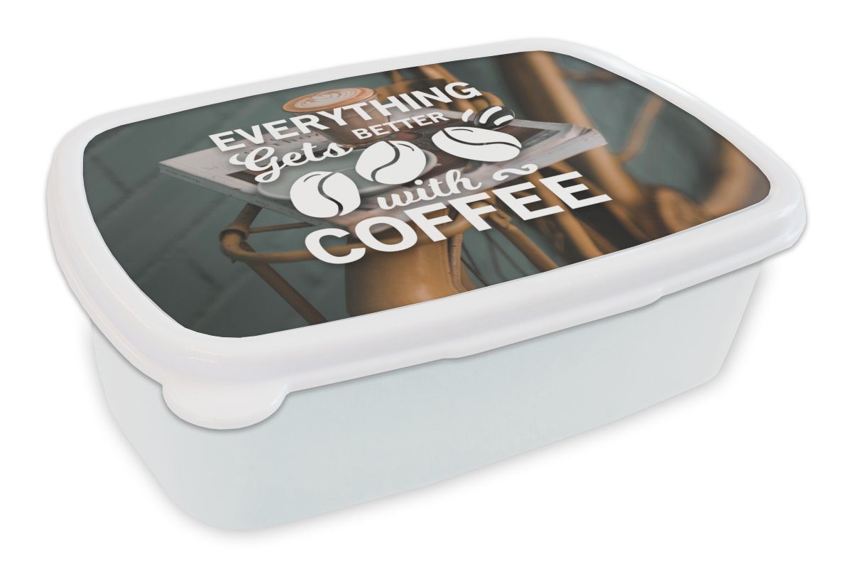 MuchoWow Lunchbox Zitate - Sprichwörter - Mit Kaffee wird alles besser - Kaffee, Kunststoff, (2-tlg), Brotbox für Kinder und Erwachsene, Brotdose, für Jungs und Mädchen weiß