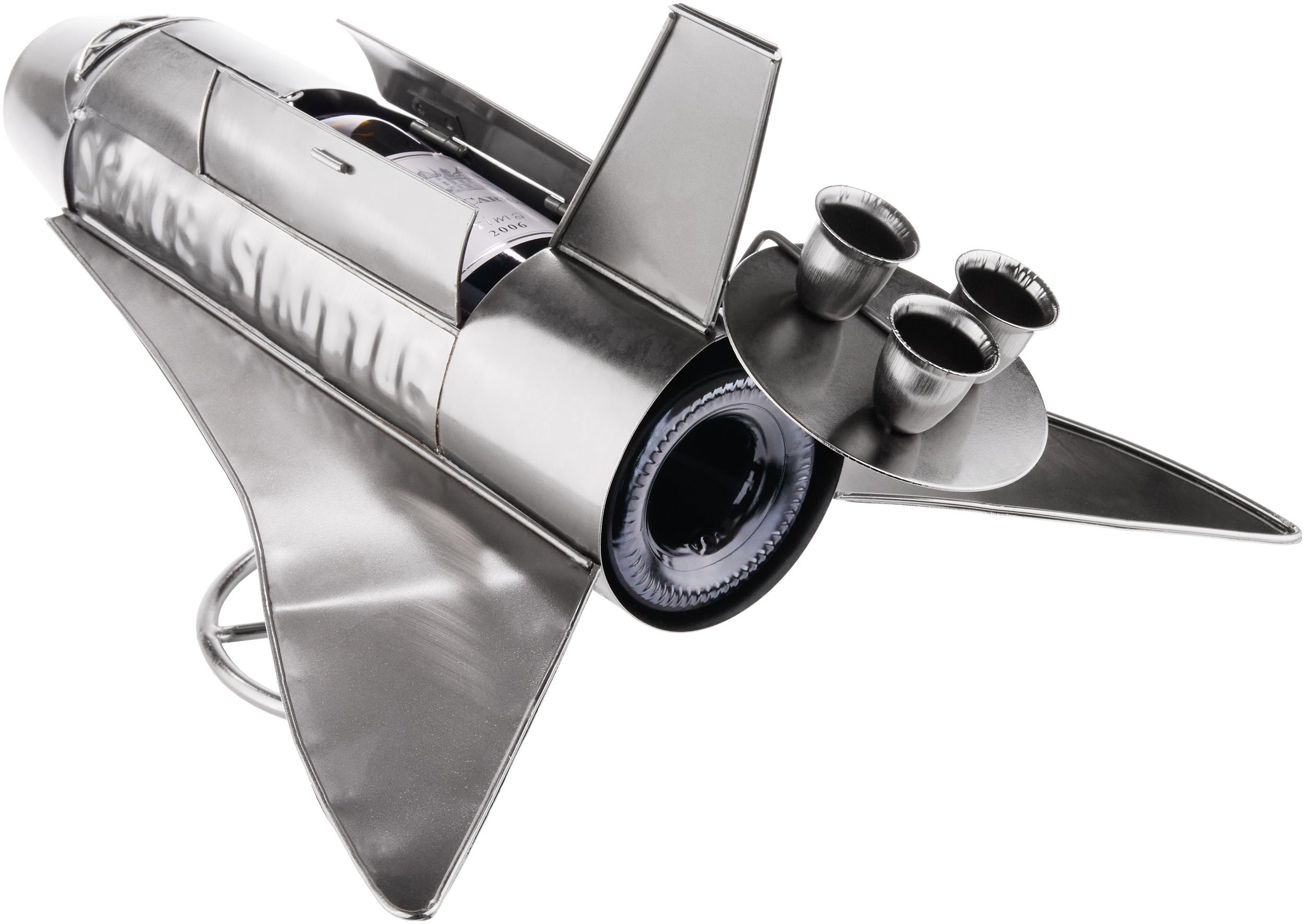 BRUBAKER Weinflaschenhalter Space Shuttle - Metall Skulptur Flaschenhalter mit Grußkarte, (Set, 1-St., Weingeschenk für Raumfahrt und Weltall Fans), Flaschenständer Rakete Raumfähre - Silber Metallfigur