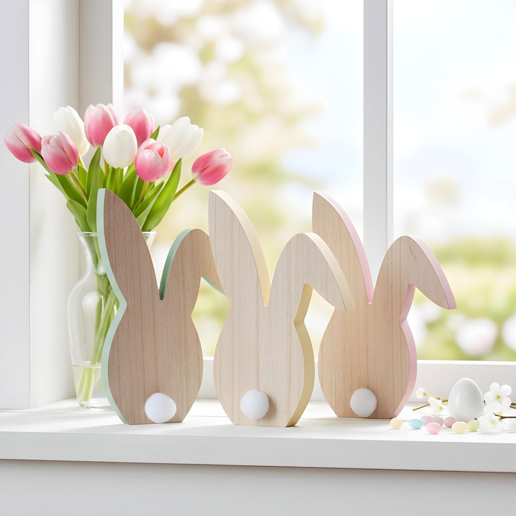 Levandeo® Osterhase, 3er Set Hase H22cm Holz Silhouette Gelb Rosa Grün Osterhase