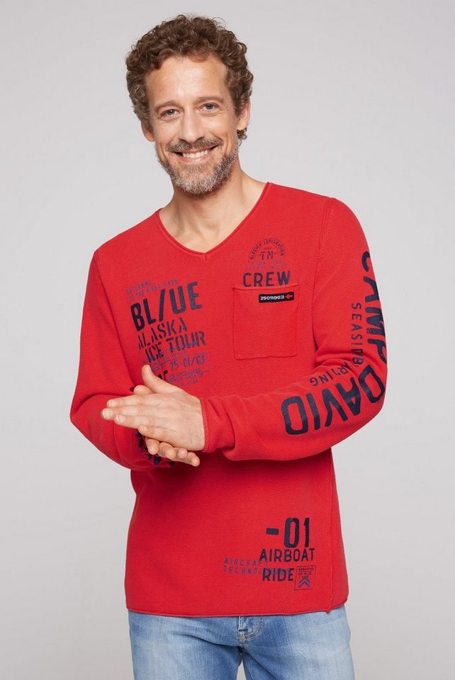 CAMP DAVID V-Ausschnitt-Pullover mit Brusttasche, Viele Logo Prints