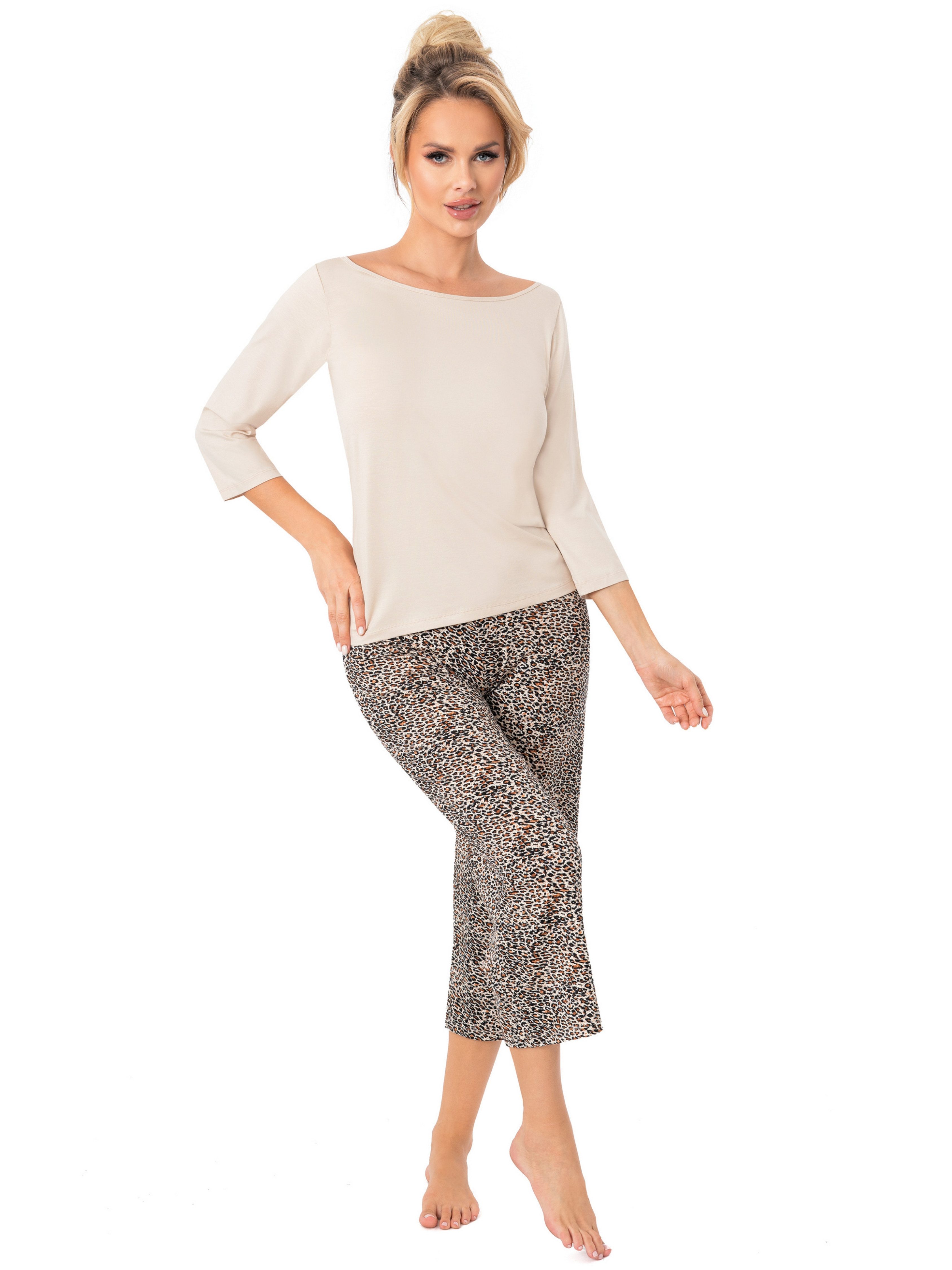 Donna Capri-Pyjama Schlafanzug mit Leo-Print (2 tlg) premium Viskosemischung, Made in Europa