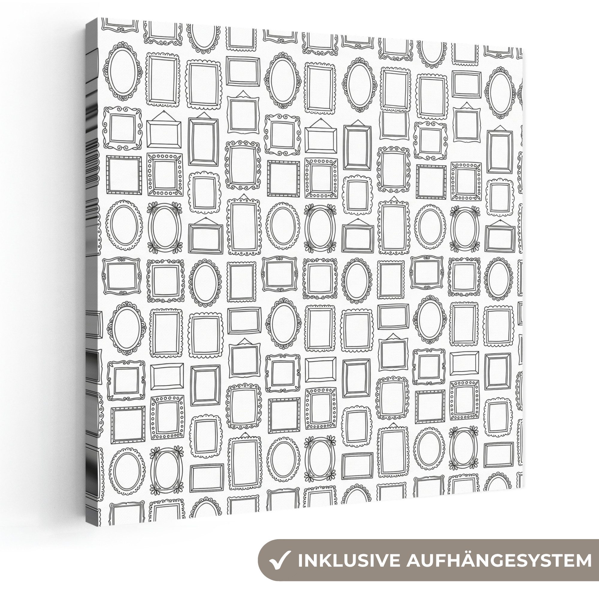 OneMillionCanvasses® Leinwandbild Rahmen – Muster – Dekoration – Skizze – Schwarz-Weiß, Fotodruck (1 St), Wandbild, Deko Schlafzimmer Wohnzimmer Flur 20x20 cm