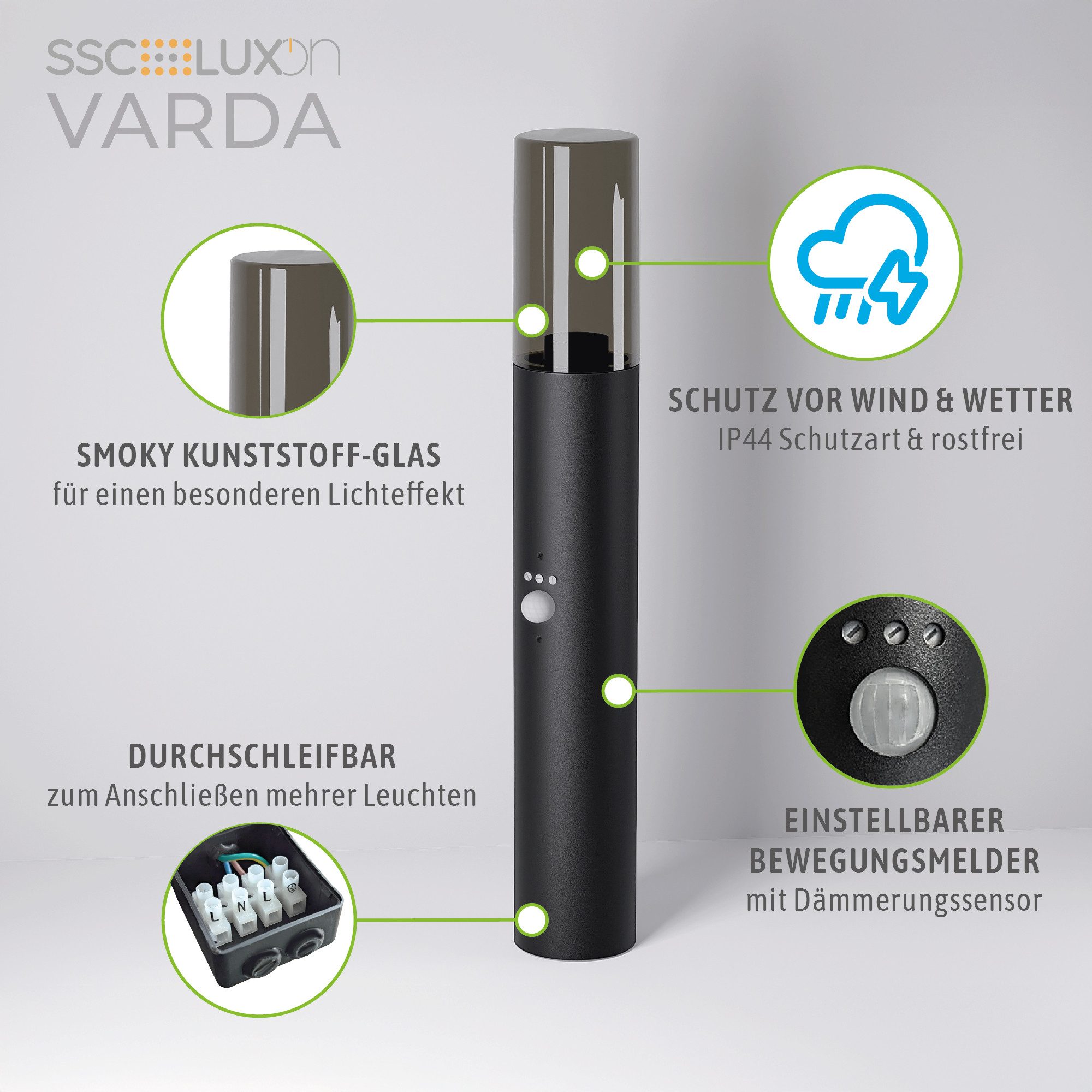 SSC-LUXon LED Gartenstrahler VARDA Pollerleuchte Bewegungsmelder & Dämmerungssensor E27 Höhe 50 cm