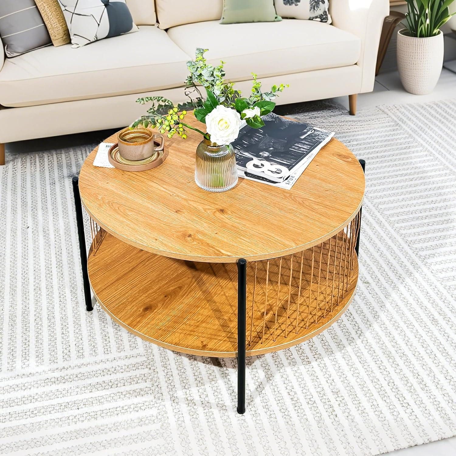 LuxusKollektion Couchtisch Couchtisch Rund Holz mit gewebten Papierquasten und Metallrahmen
