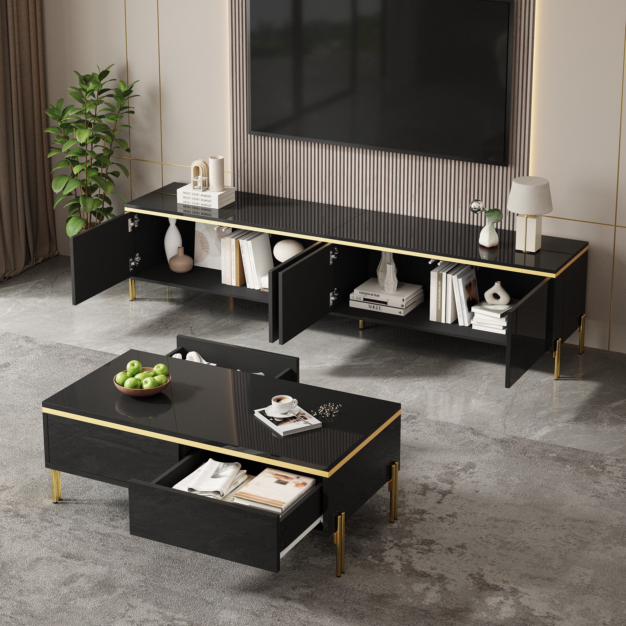 HAUSS SPOLE Couchtisch mit Couchtisch,schrank set mit schubladen,schrank schwarz hochglanz (Packung, 2-St., mit 4 Türen und 2 großen Schränken), Couchtisch mit 2 Schubladen