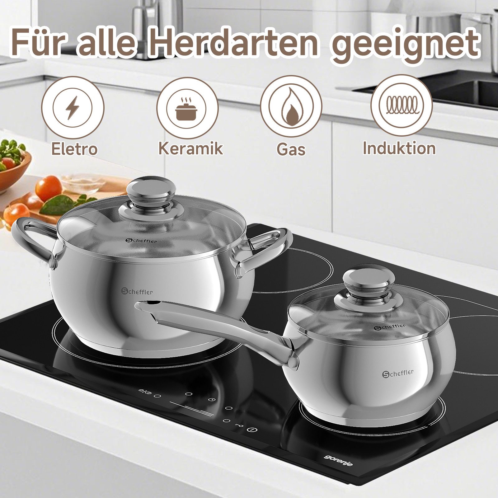 Scheffler Topf-Set 10tlg Edelstahl Topfsets für alle Herdarten, Edelstahl (3,38/2,0/2,8/4,0/6,7 Liter, für alle Herdarten), Induktion, robust und hochwertig