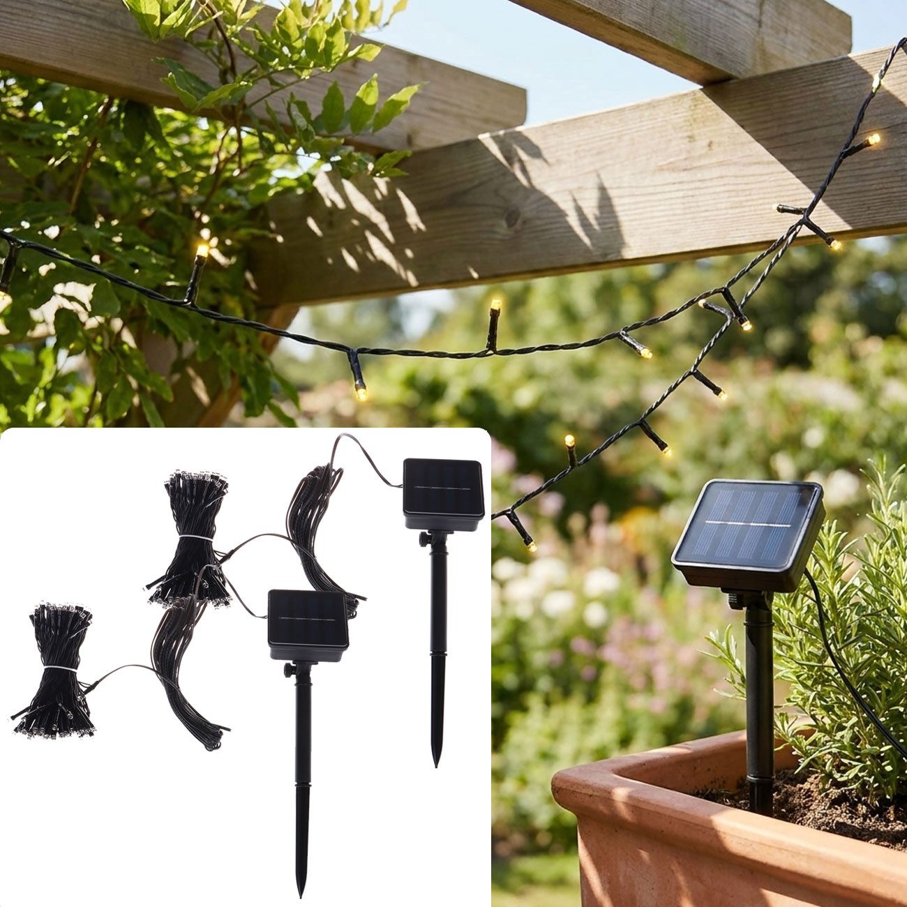 shop'n smile ideoon LED-Lichterkette Solar Lichterkette 100 LEDs Warmweiß 12,5m Outdoor IP44 Garten Balkon, mit Dämmerungssensor, beleuchtete Länge 7,5 m Kabellos
