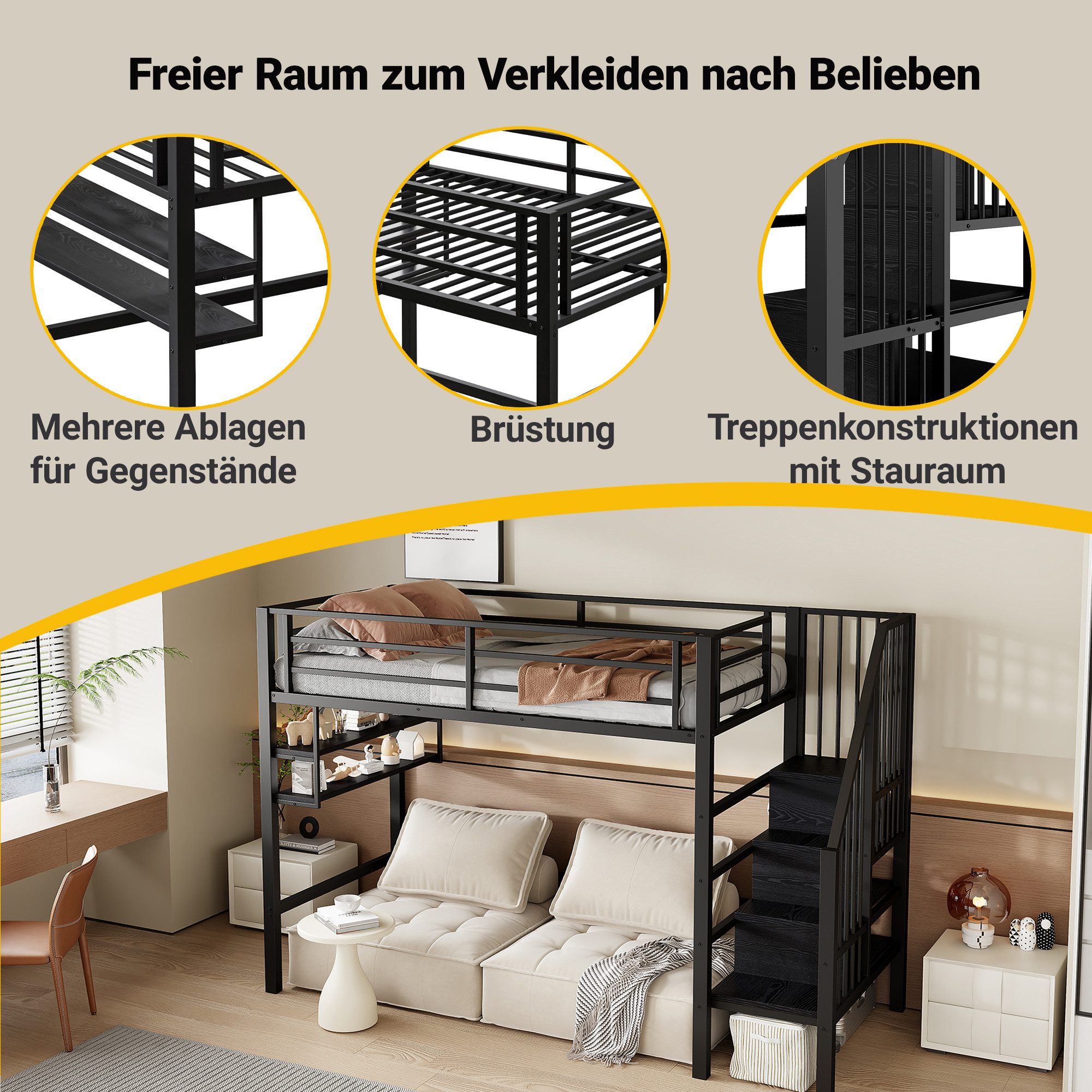 muvano Bett Hochbett 90x200 Schwarz Metall Kinderhochbett mit Stauraumleiter Regal