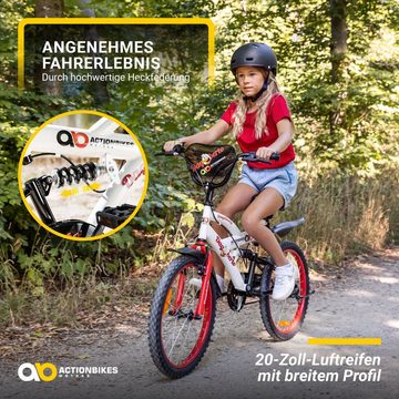 Actionbikes Motors Kinderfahrrad Kinder Fahrrad Dagoberto - rot / weiß / schwarz, 1 Gang, ohne Schaltung, (20 Zoll, ab 115 cm Körpergröße, max. Zuladung 50kg, Kettenschutz, Reflektoren, Luftbereifung, Schutzbleche, 1-tlg., V-Brake-Bremsen, Antirutschgriffe, Heckfederung, Fahrradständer), höhenverstellbares Bike Jungen Mädchen Kinderrad ab 6 Jahre