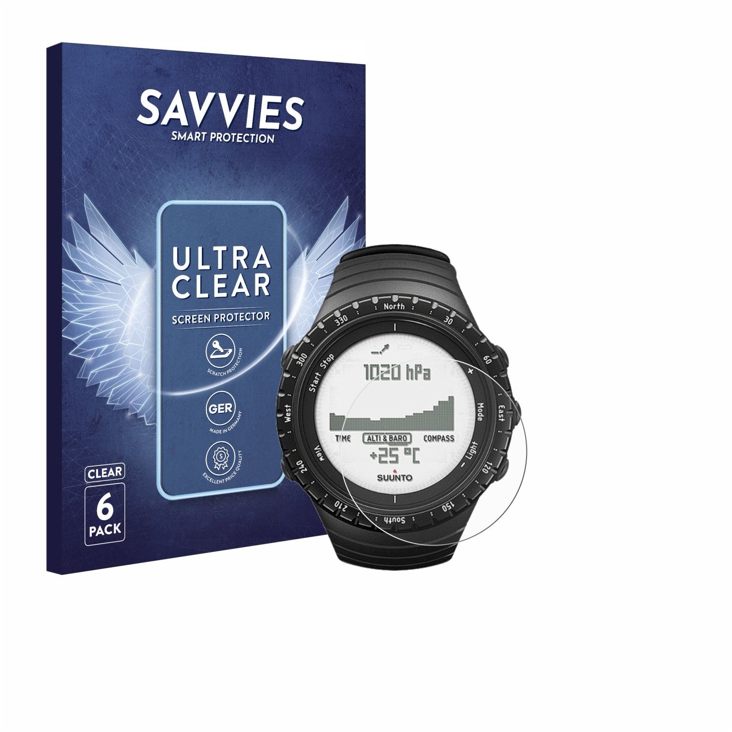 Savvies Displayschutzfolie Schutzfolie für Suunto Core Regular Black, 6 Stück, Displayschutz Schutz Folie Klar Transparent
