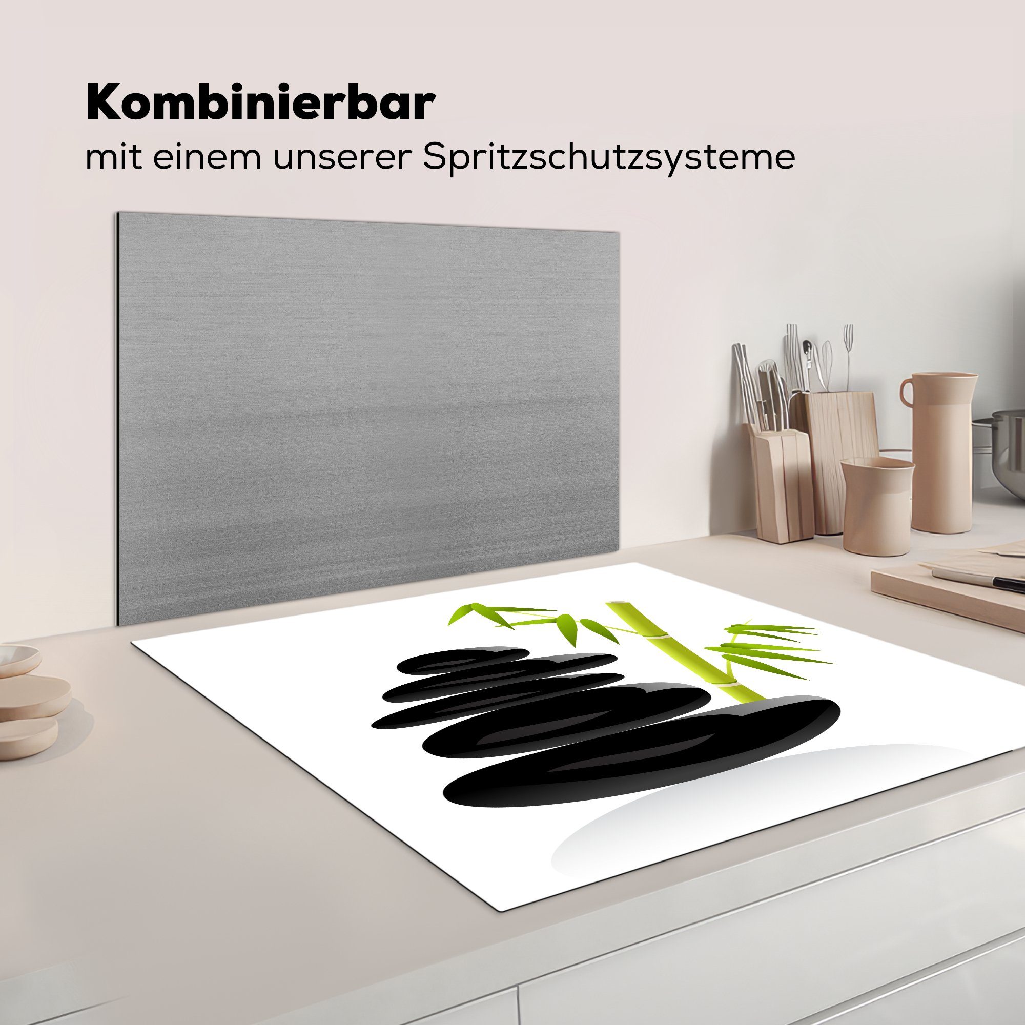 für Zen-Steinen MuchoWow tlg), 78x78 Bambus, küche Arbeitsplatte von Vinyl, (1 Herdblende-/Abdeckplatte cm, mit Illustration Ceranfeldabdeckung,