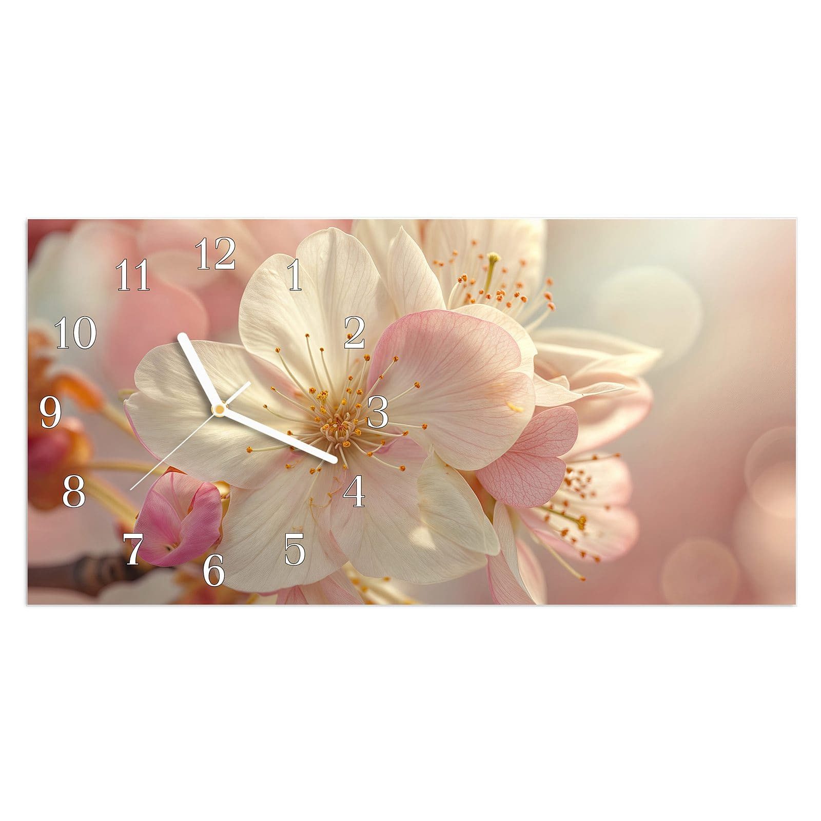 Wanduhr Glasuhr Wandkunst Größe 60 x 30 cm mit Motiv Blühende Blüten