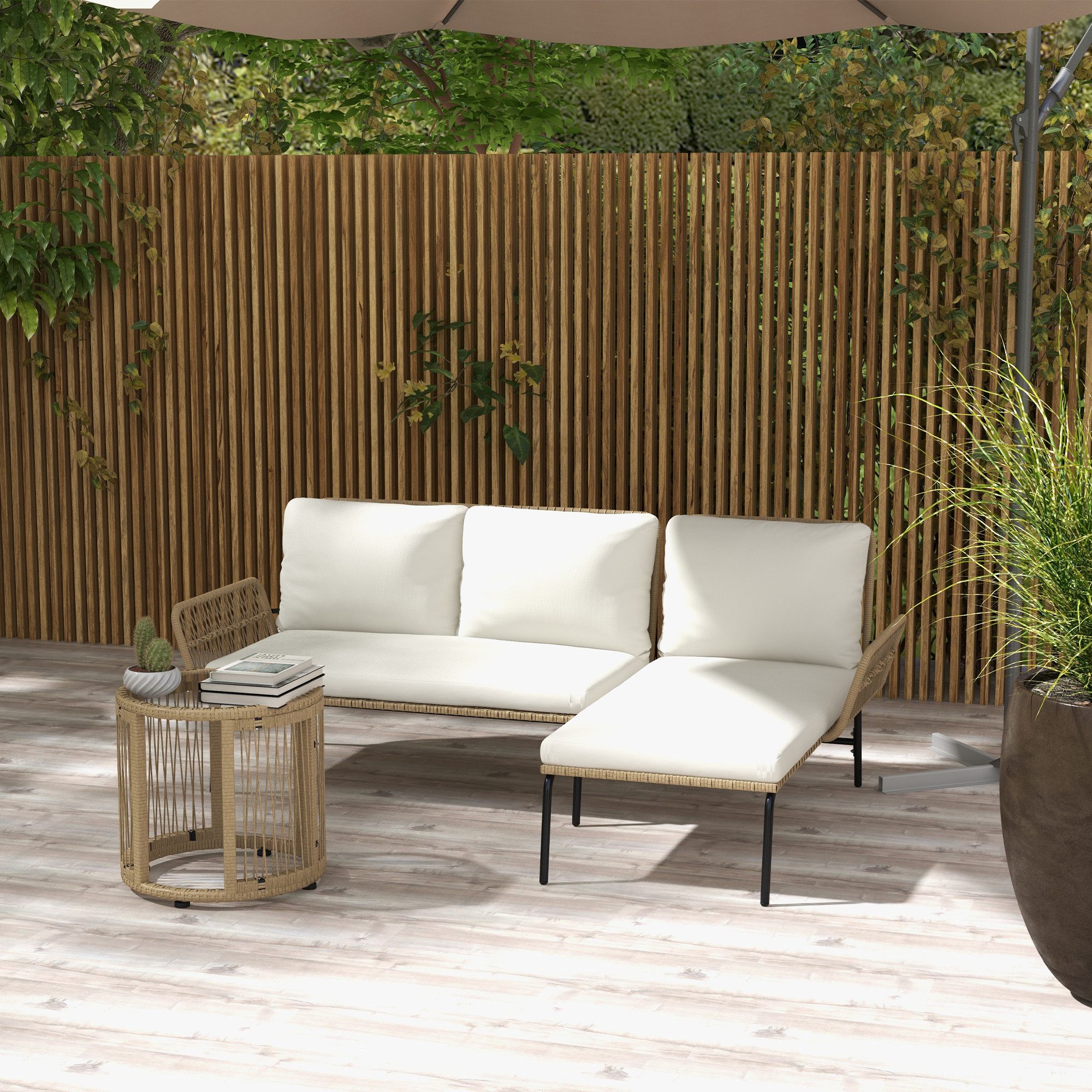 Outsunny Gartenlounge-Set Rattan Gartenmöbel-Set mit Liegestuhl, Couchtisch, Zweisitzer, (Gartenset mit Sitzkissen, 3-tlg., Balkonmöbel-Set), für Garten, Terrasse, Creme