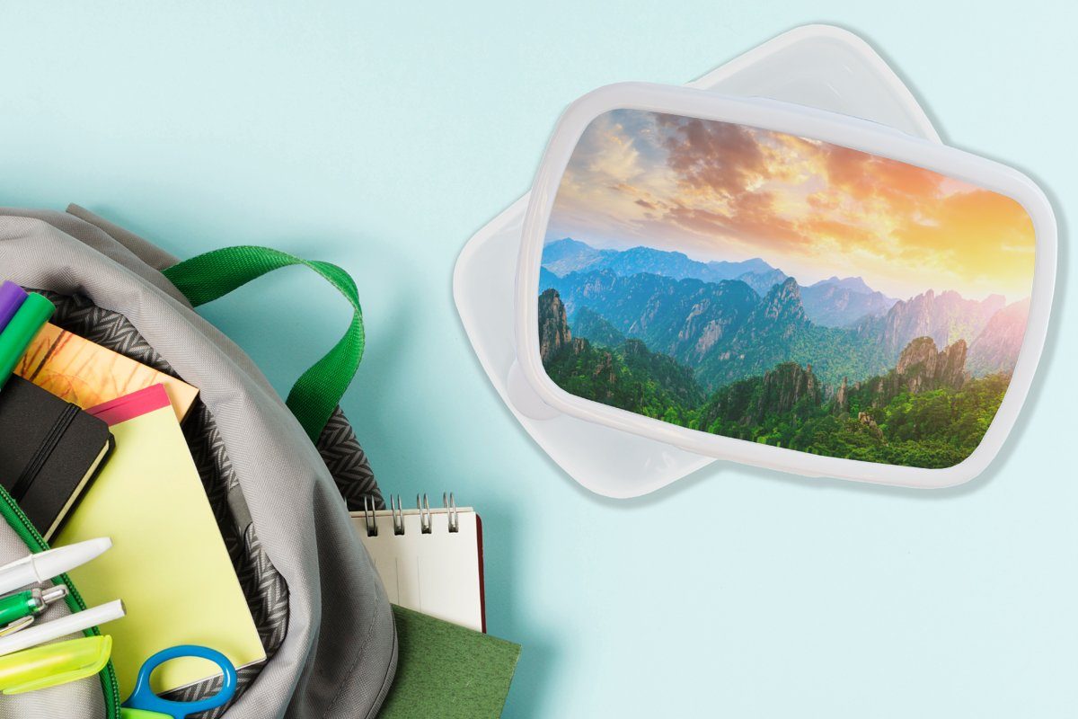 MuchoWow Lunchbox Berge - für weiß und - Bäume und Kunststoff, Jungs Brotdose, Natur, Kinder für Brotbox Sonnenuntergang - (2-tlg), Mädchen Erwachsene