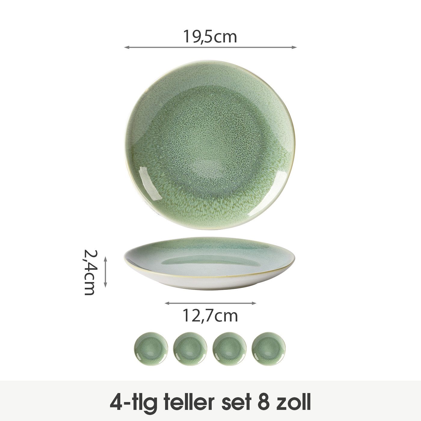 JIWOO Teller 4er Ø19,5cm, Speiseteller Steakteller Dessertteller Pastateller Plate, (4 St), Keramik Hochwertiges Tellerset Grün Mikrowellenofen Spülmaschine