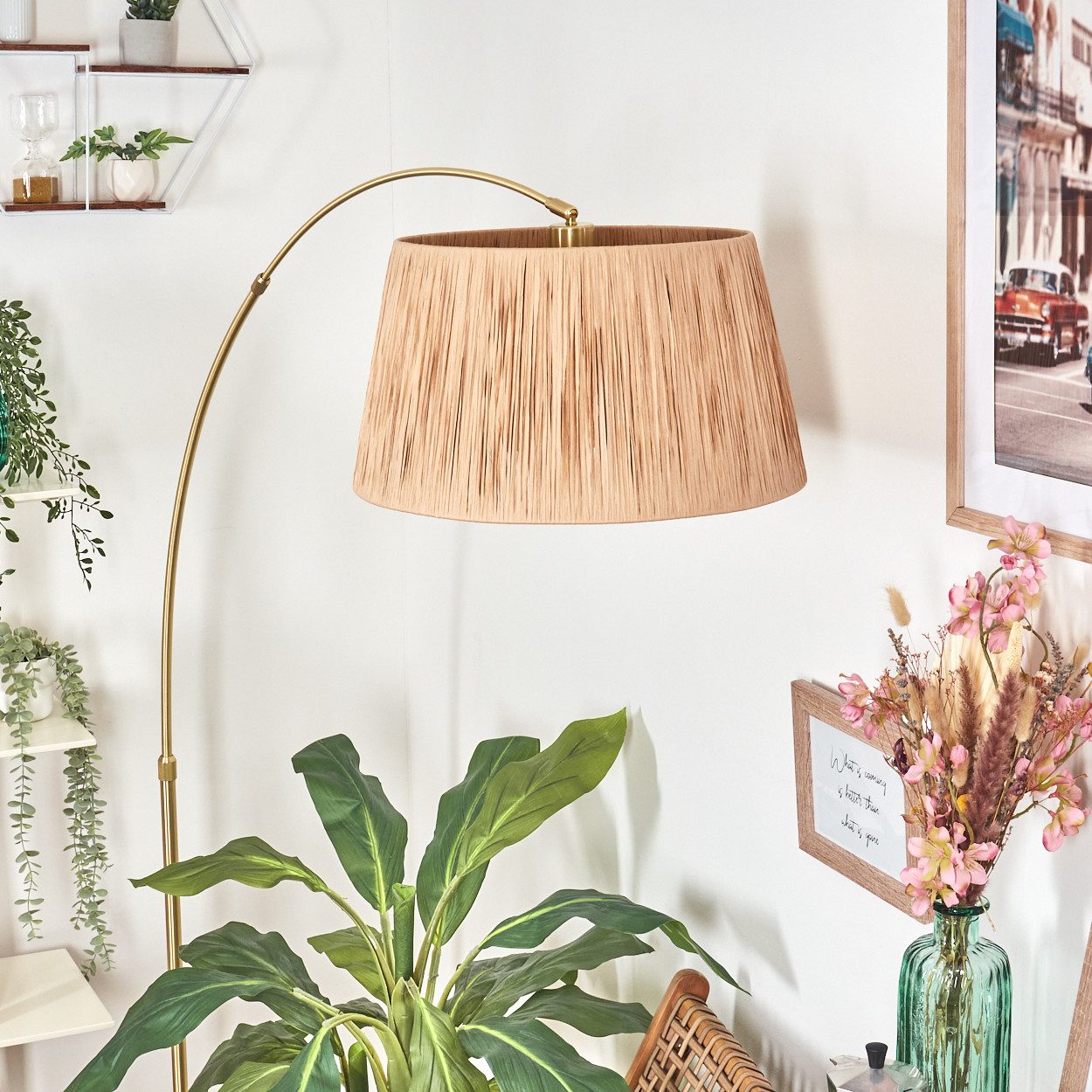 hofstein Bogenlampe Stehlampe aus Metall/Bast in Schwarz/Messing gebürstet/Natur, Stehleuchte im Boho-Design mit Marmorfuß u. Fußschalter (45 cm), E27