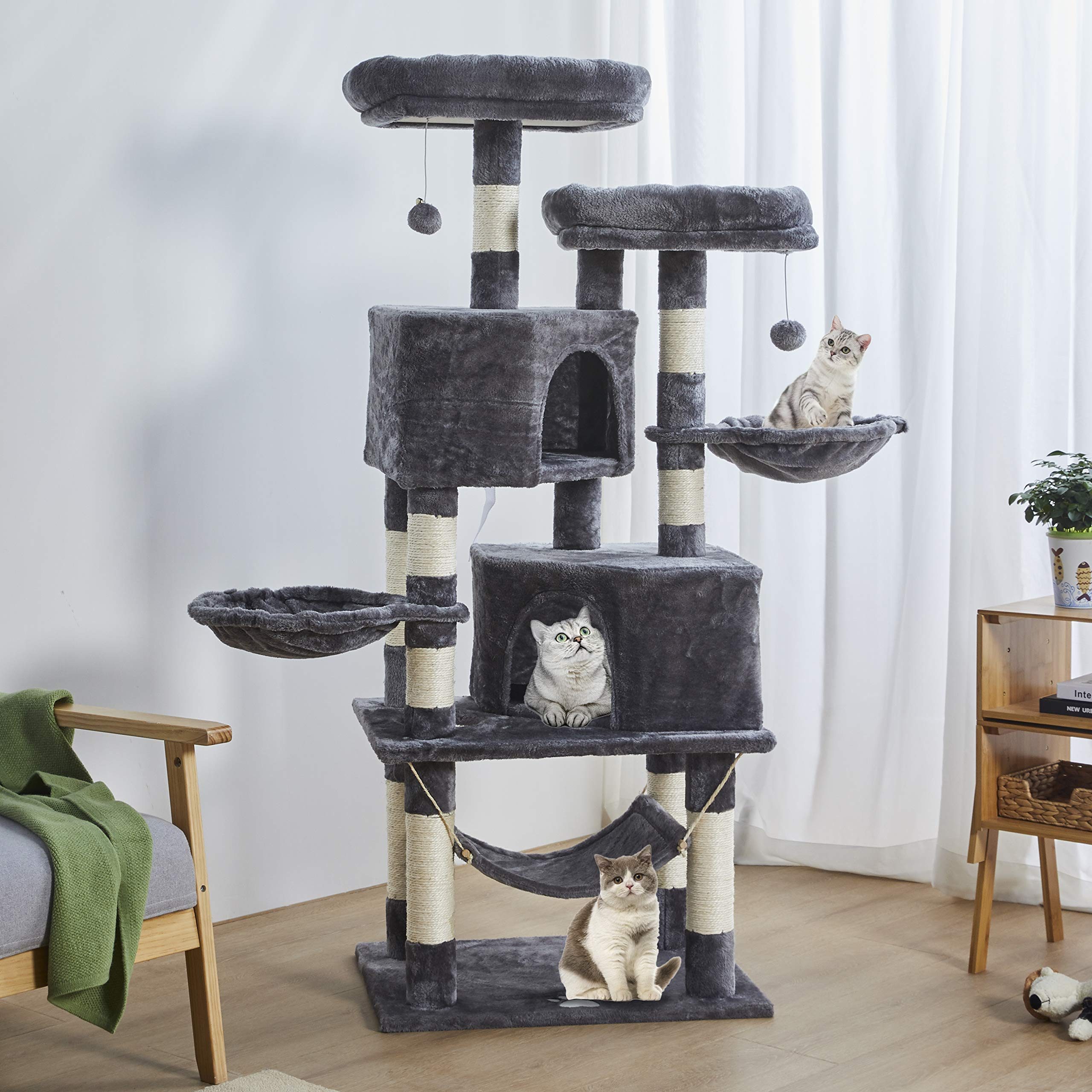 MSMASK Kratzbaum Katzenbaum Kletterbaum mit groß Höhle,Sisal-Stämme, Natur Sisal Katzenkratzbaum,mehrstöckig für große Katzen