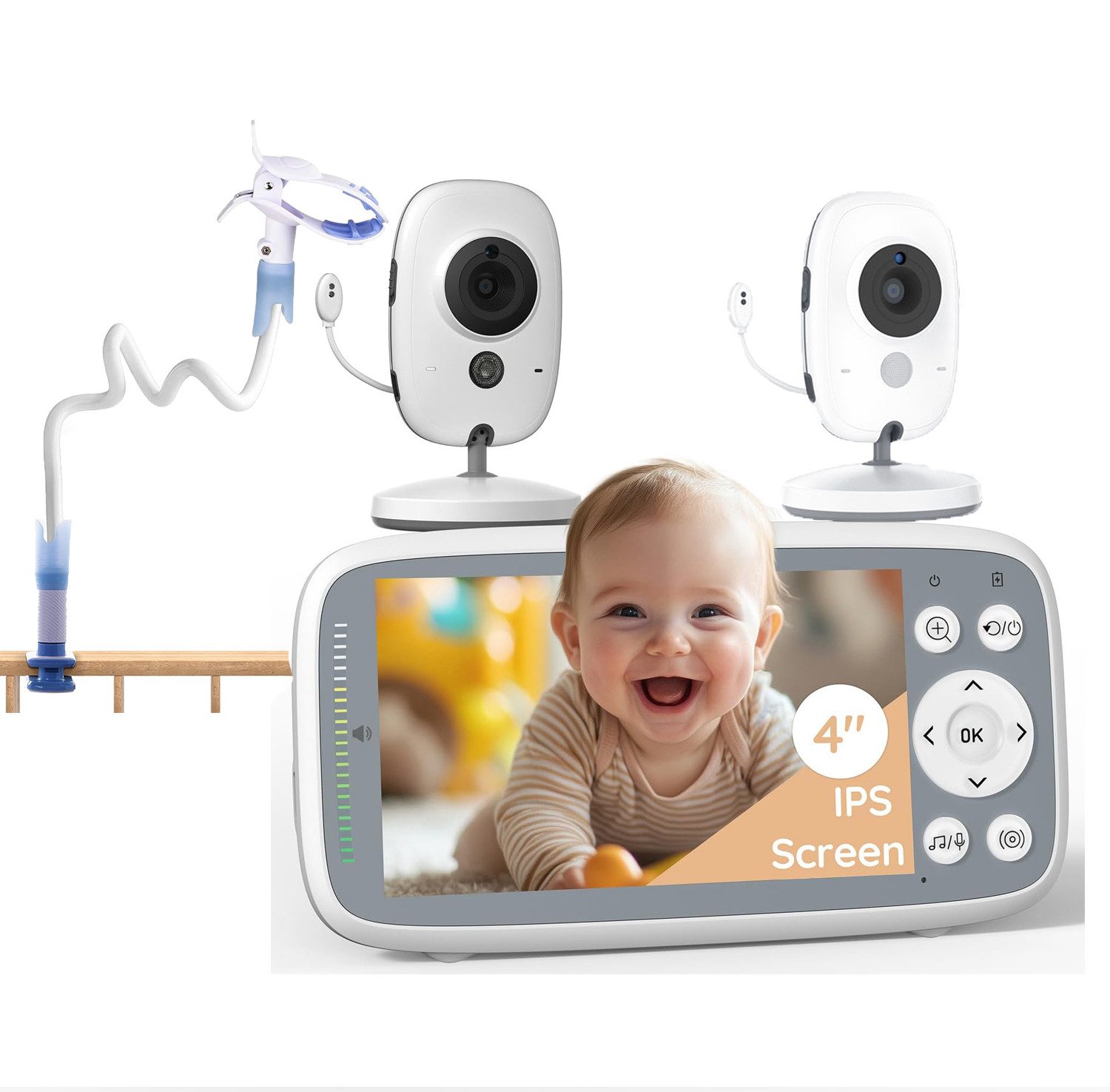 TWUFY Video-Babyphone 4 Zoll Digital IPS Bildschirm Babyphone mit 2 Kameras, 720P Video Babyphone ohne WLAN, 1-tlg., IR-Nachtsicht Vox-Modus 2-Wege-Audio 300M Reichweite, Video-Baby-Monitor mit 2 Kameras und Audio