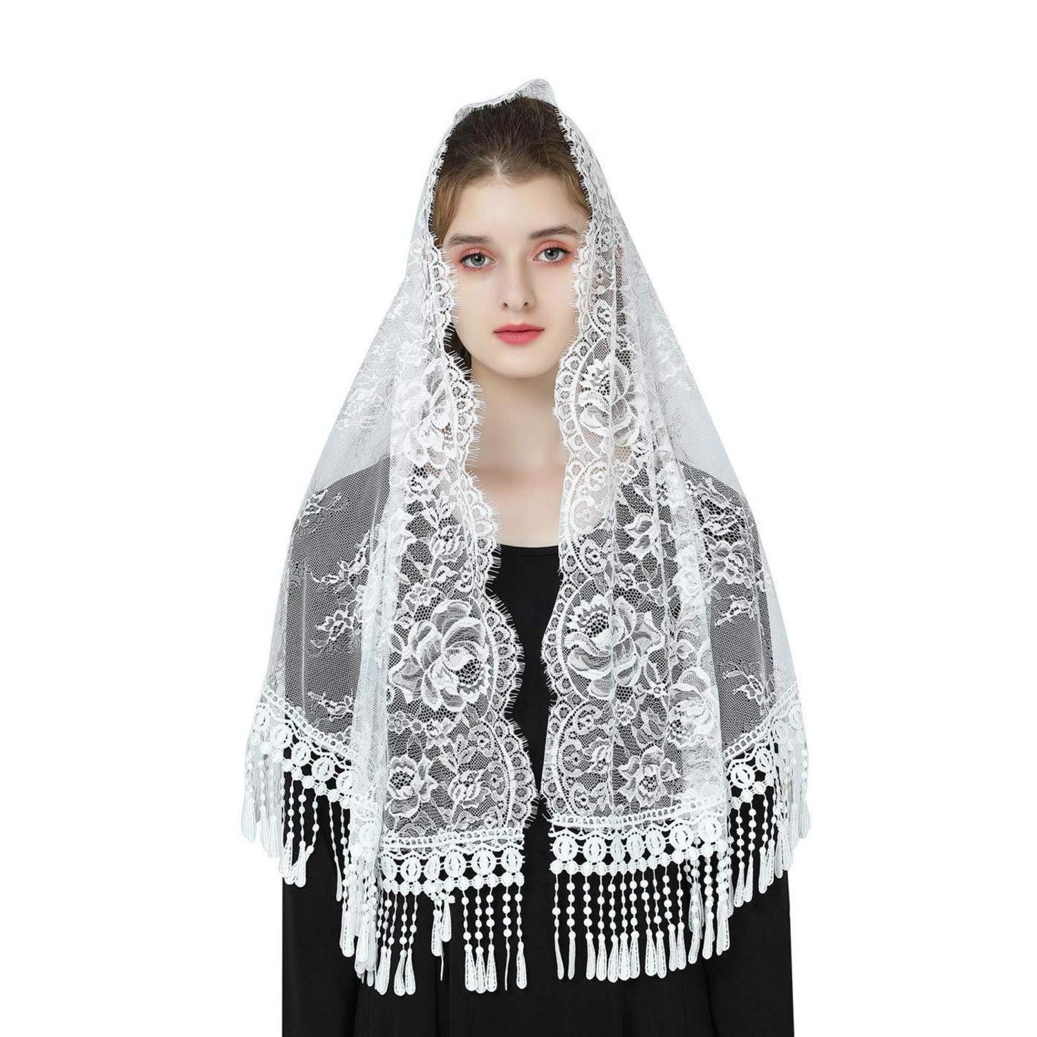 LuxusKollektion Modetuch Schal Spitzenschleier mit Quaste Schwarz/Weiß, (1-St)