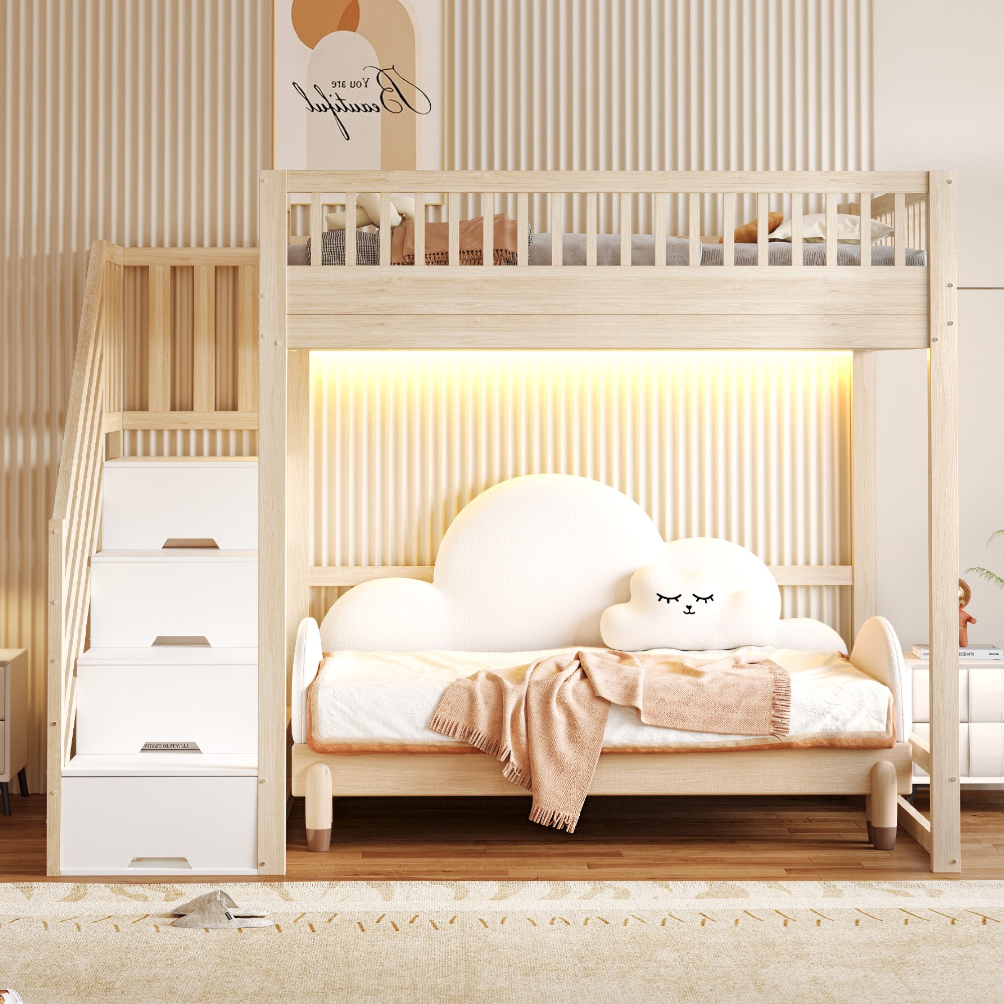 Odikalo Hochbett Hochbett mit Stauraum & Treppe, Weißes Holzbett aus Massiver Kiefer (Hochbett 140x200 / 90x200 cm mit Sicherheitsaufbewahrungsleiter, Sicherhei – Bild 2 von 5
