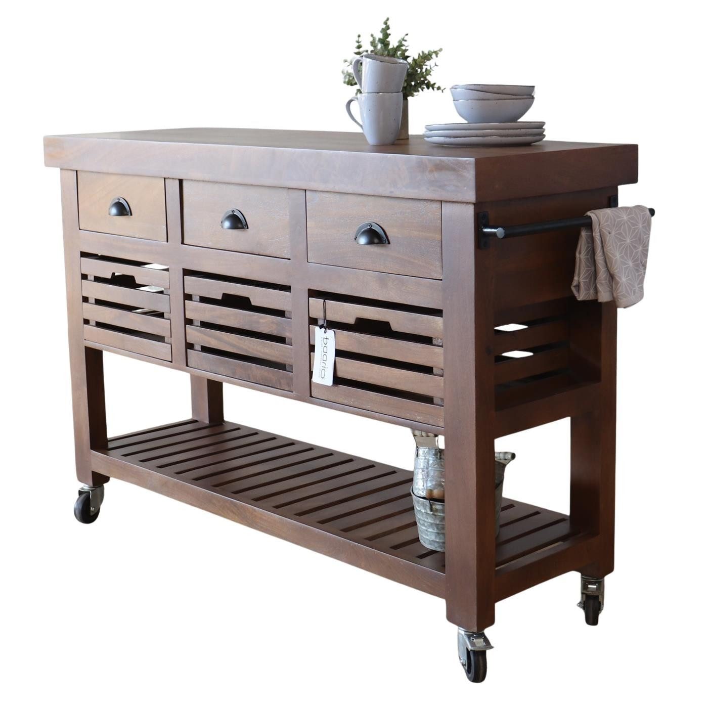baario Küchenwagen Servierwagen NORMAN rollbar 45cm, Kücheninsel Massivholz auf Rollen Küchenblock