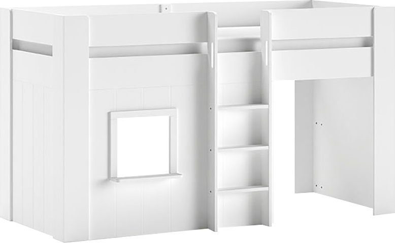 Vipack Hochbett Reno, ein tolles Hüttenbett mit hoher Standfestigkeit, weiß lackiert (B/H/T ca. 206x120,1x105cm, Leiter mittig, Fenster und Absturzschutz) inkl. Rolllattenrost, Rückseite offen und Spielfläche unter dem Bett