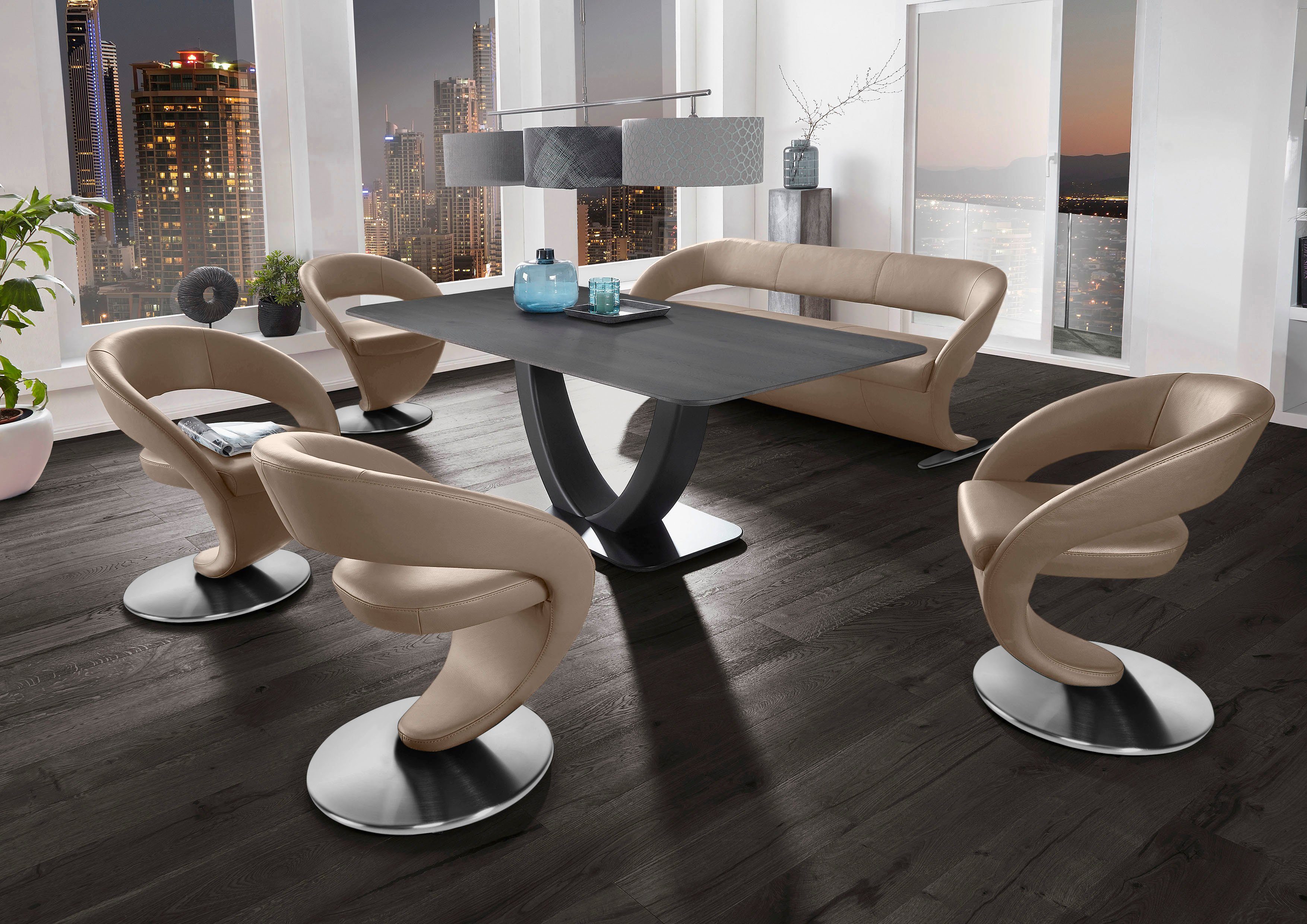 Günstige Artikel diesen Monat K+W Komfort Design-Drehstühlen Essgruppe und in Wave, & 4 Tisch mit Wohnen Design-Solobank (Set), 180x90cm