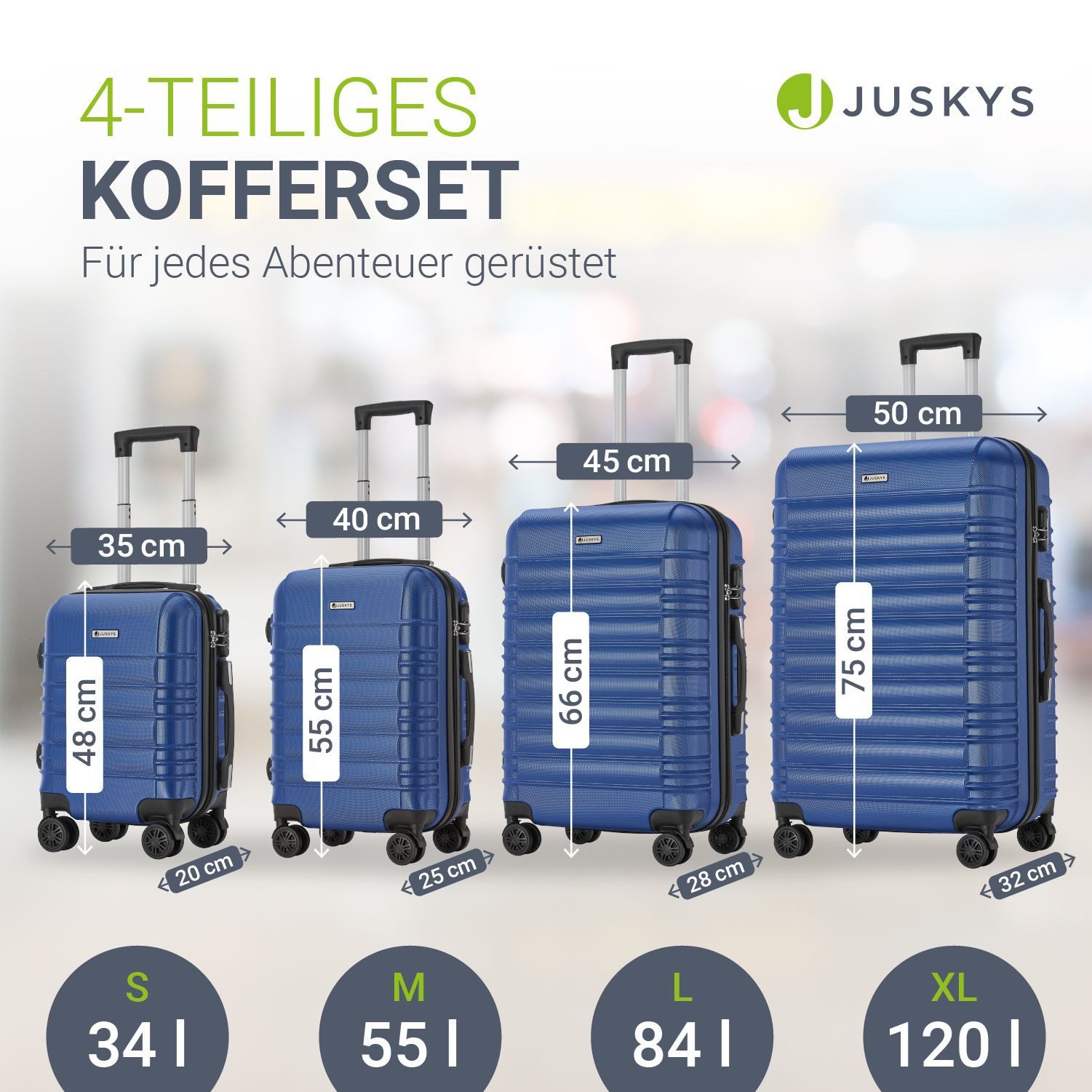 Juskys Trolleyset Rom, 4 Rollen, (4 tlg., 4-teilig), 4 Koffer, 360° Rollen, robuste Hartschale, mit Zahlenschloss